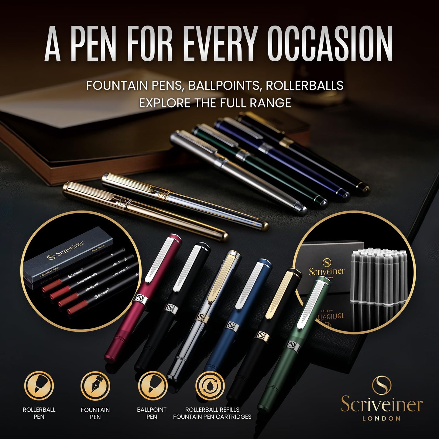 Scriveiner Midnight Blue Ballpoint Pen - Stunning Blue Lacquer Luxury Pen, Chrome Finish, Schmidt Black Refill, Best Ball Pen Gift Set for Men & Women, Professional Executive Office, Nice Designer Pen