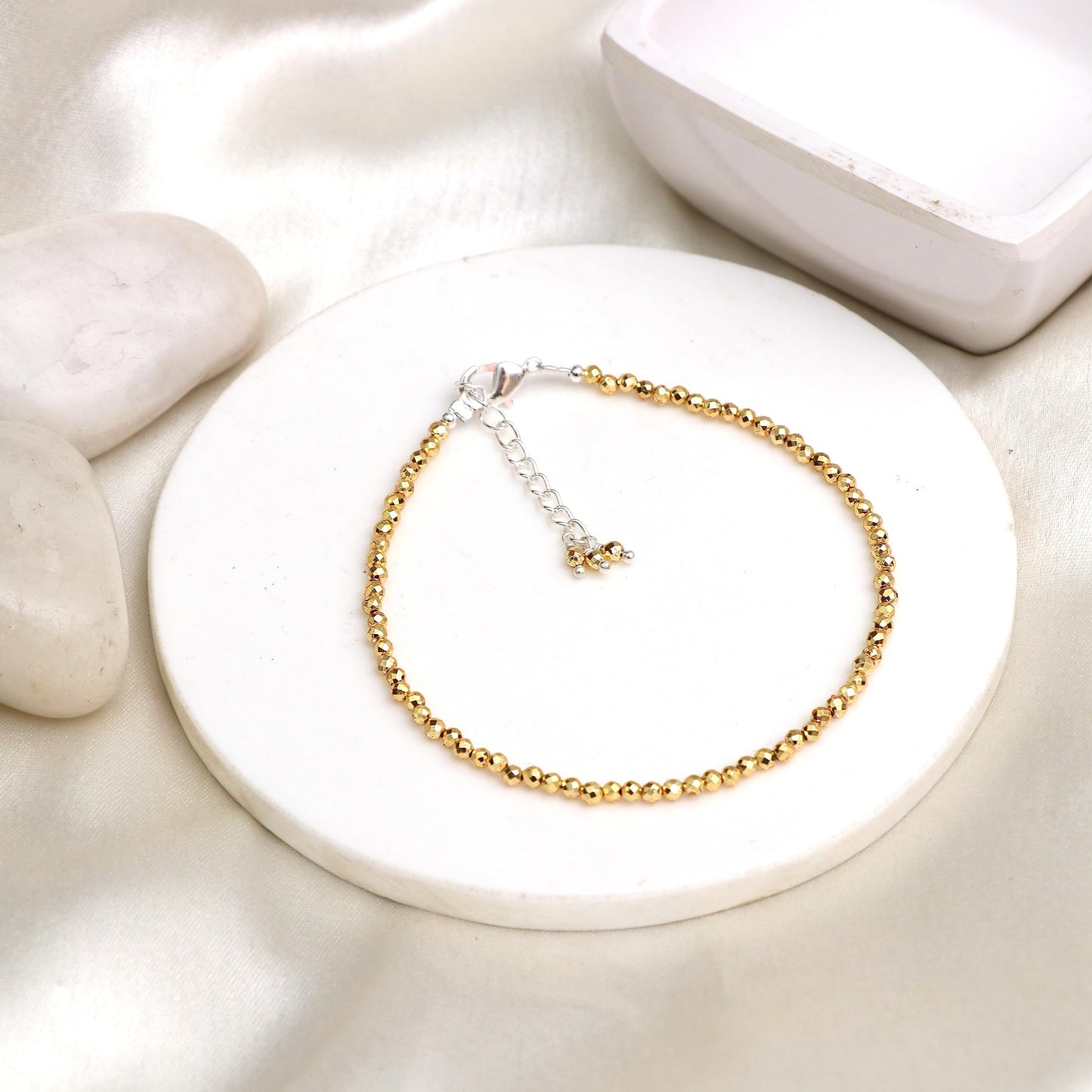 Gempires Golden Pyrite Gemstone Beaded Bracelet for Women | Dainty Natural Stone Beads 2.5 mm | Handmade Stacking Bracelet | Adjustable Minimalist Jewelry | Gold Bracelet Gift for Her