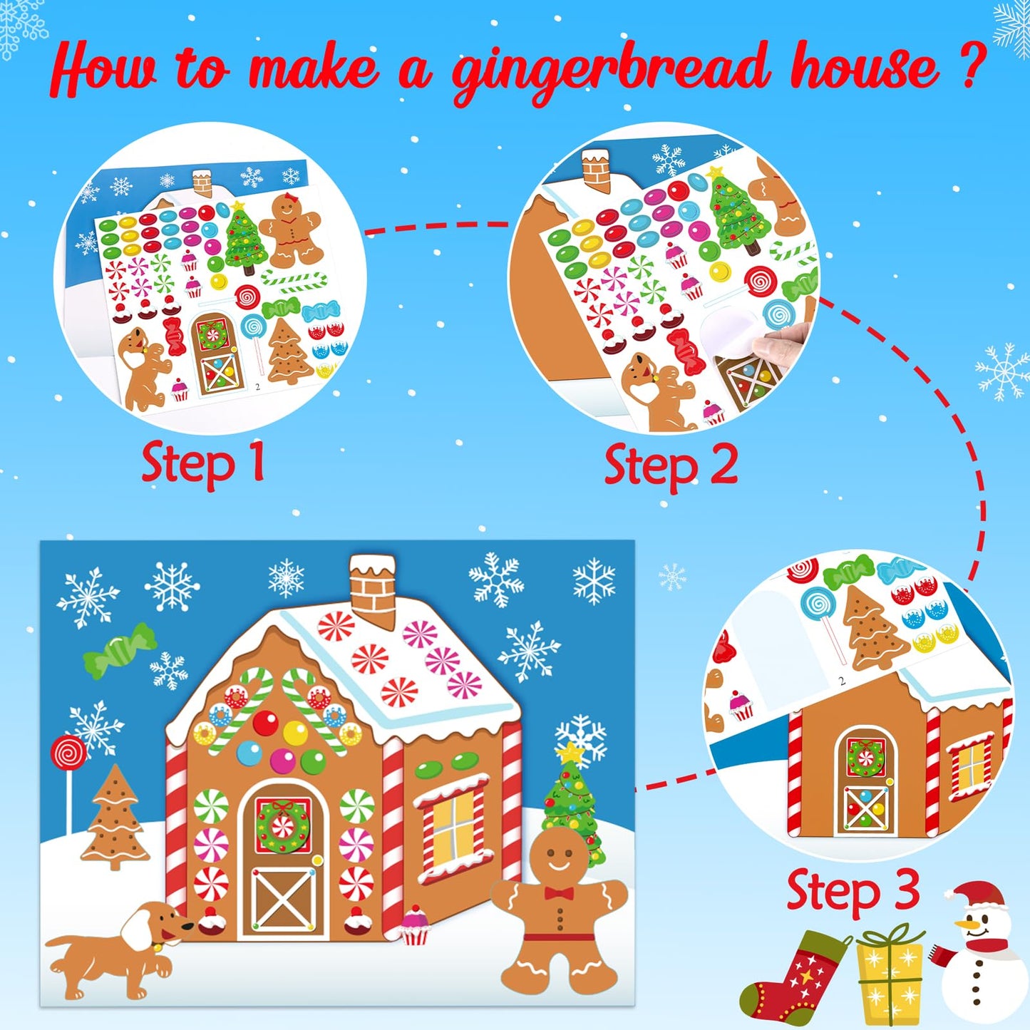 38PCS Make-a-Gingerbread House Stickers for Kids - Christmas Party Game/Craft/Activity/Favor/Supplies - 19 Finished Products