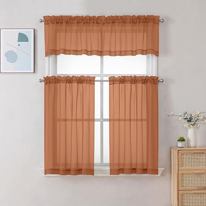 Chyhomenyc Sheer Valances for Windows 2 Pack, Small Window Curtains for Living Room Bathroom Cafe Laundry Basement, Modern Top Dual Rod Pocket Voile Curtain, 42W x 18L inches, Orange