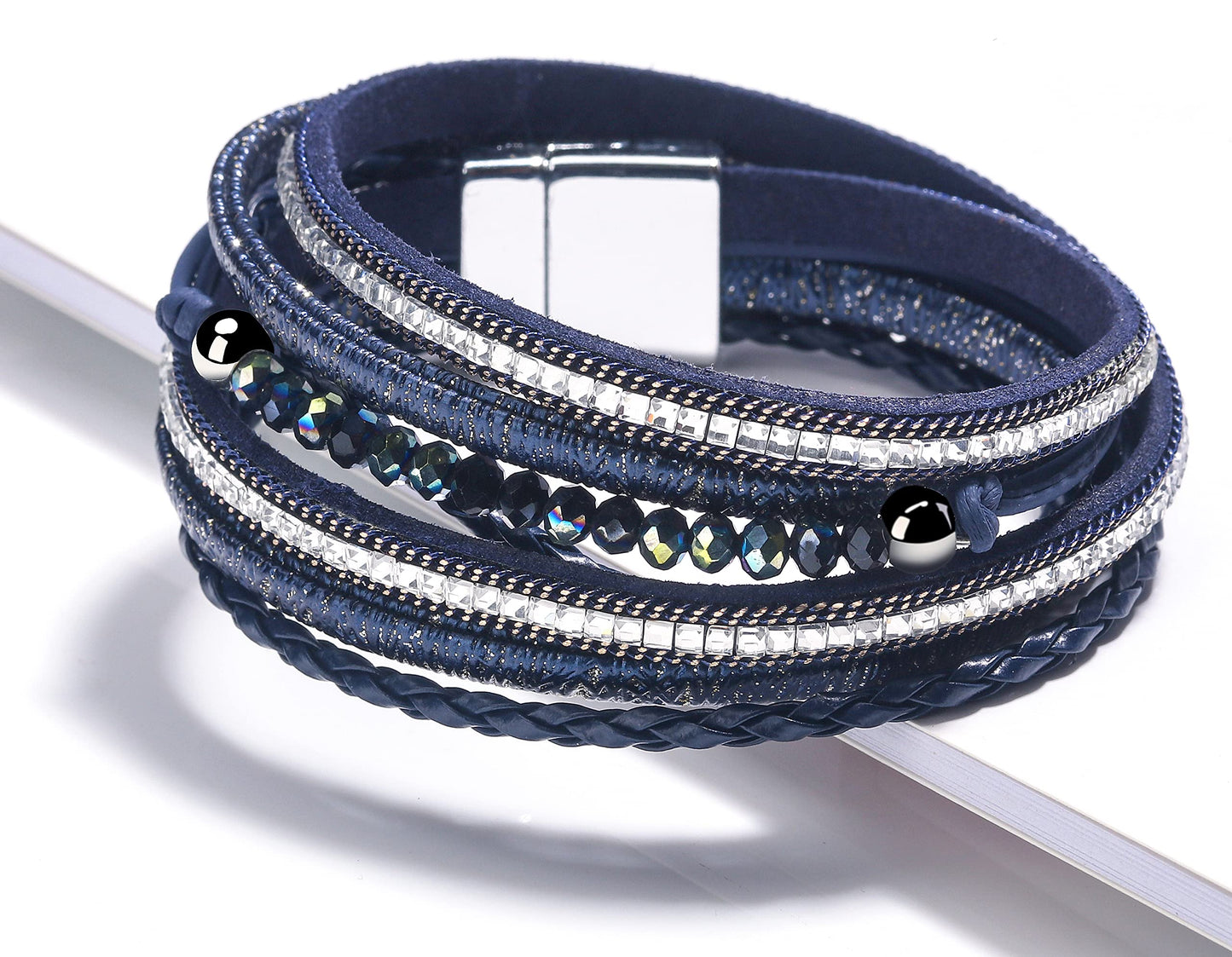 Leopard Bracelet for Women, Boho Leather Wrap Multi-Layer Pearl Crystal Bracelet Bangle Jewelry(Square(Blue))