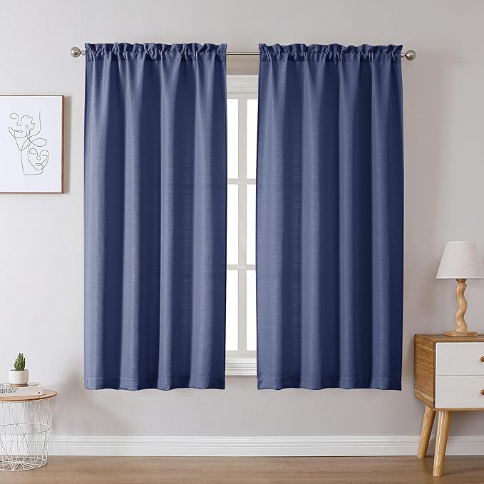 Chyhomenyc Bennet Blue Curtains 63 Inch Length 2 Panels, Faux Linen Textured Semi Sheer Light Filtering Soft Airy Rod Pocket Window Treatment Drapes for Living Room Bedroom, Each 40" Wx63 L