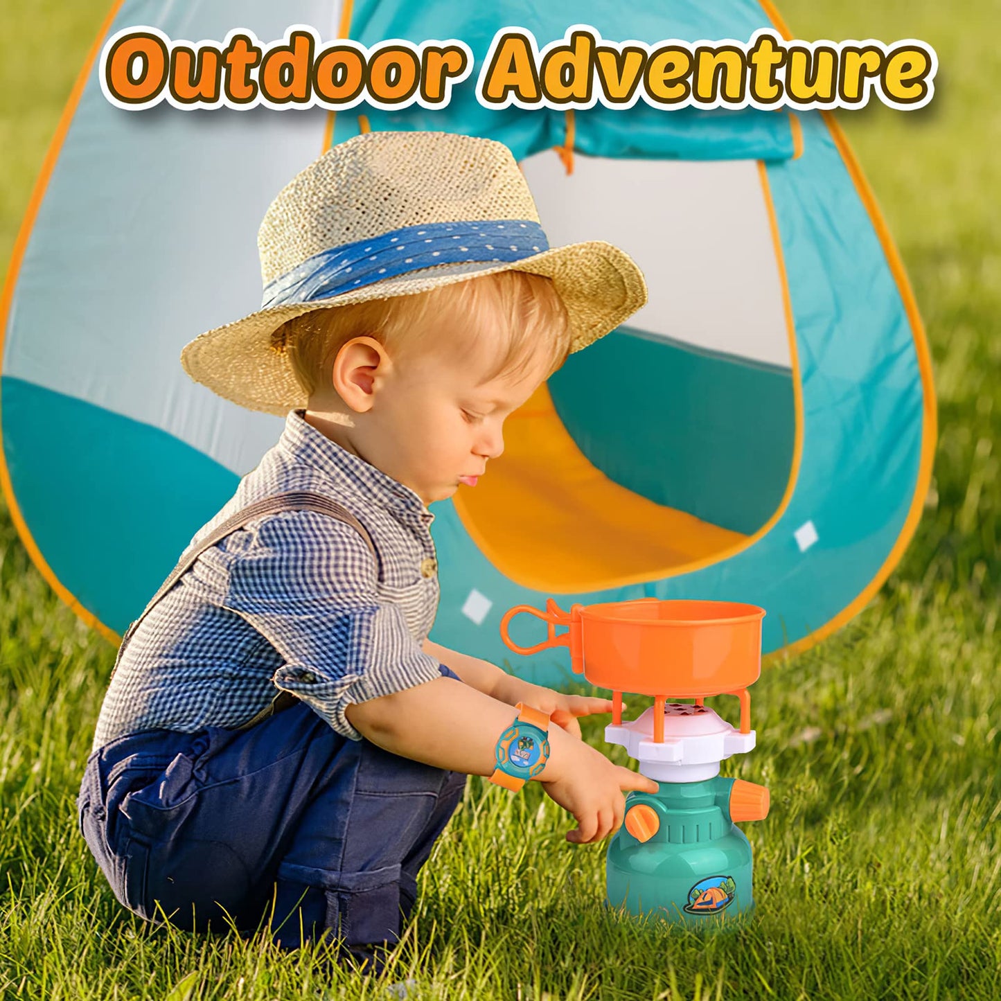FUN LITTLE TOYS Pop Up Play Tent with Camping Gear and Tools Set, Outdoor Toys for Kids
