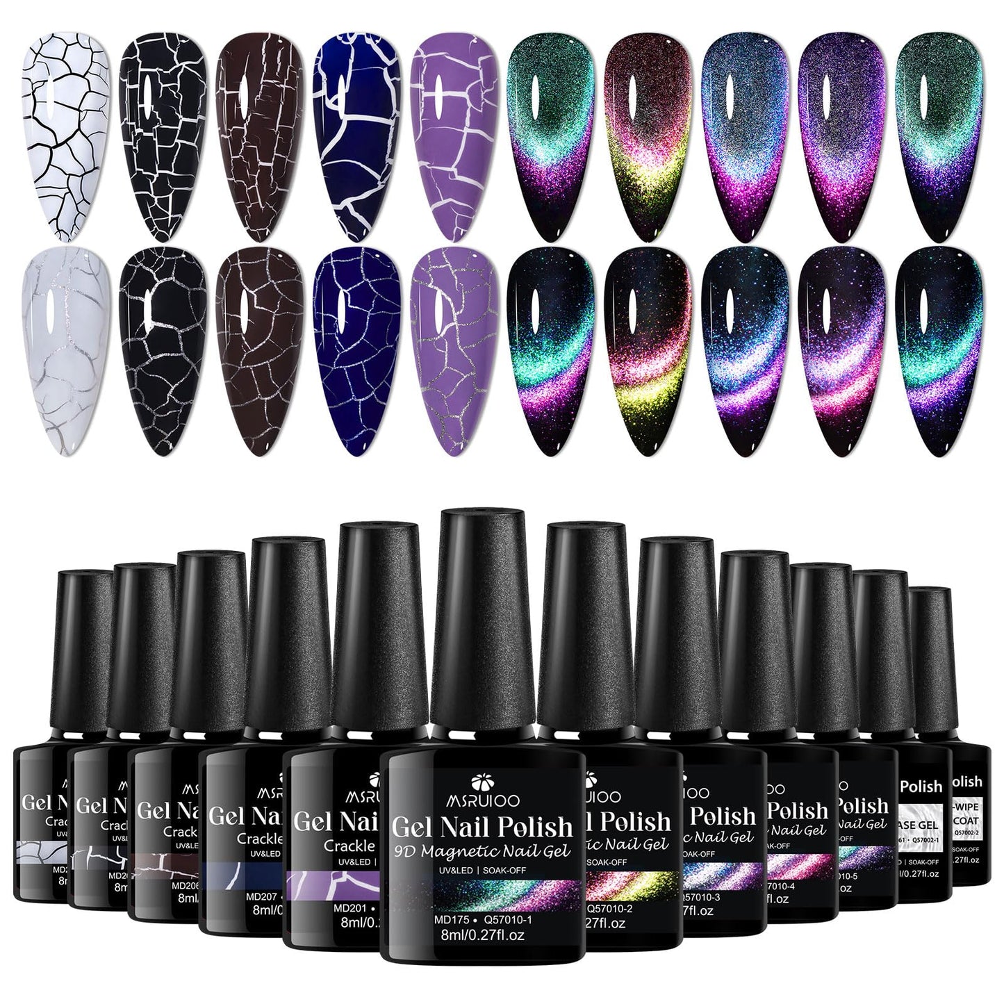 MSRUIOO 12PCS Crackle Gel Nail Polish + 9D Cat Eye Gel Polish Set Magic Black Crackle Nail Polish Magnetic Cat Eye Effect Manicure DIY Nail Art 10 Colors