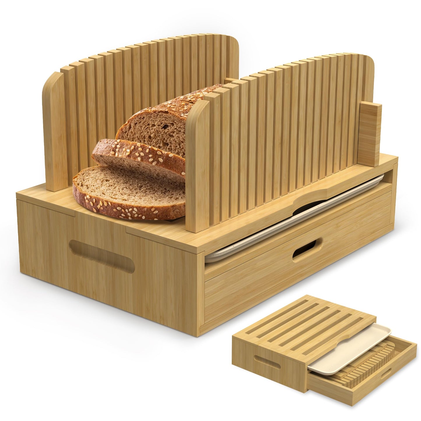 LOHASOK Bamboo Bread Slicer Guide: Bread Cutter for Homemade Bread Loaf - Adjustable and Foldable with Crumb Tray