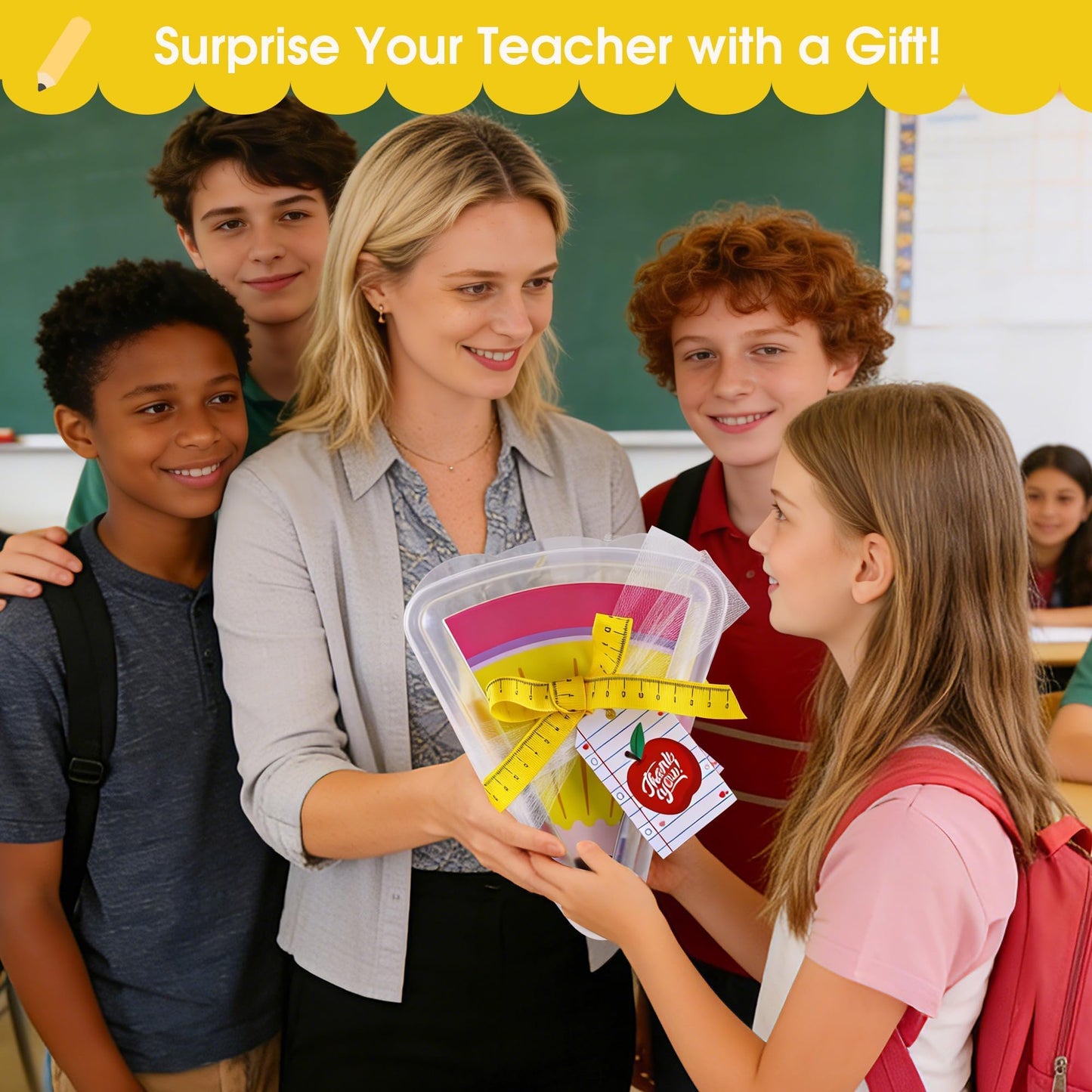 6 Set 9.05*7.28 in Large Teacher Appreciation Gifts Box with Apple Cards Ruler Ribbon Mesh, Reusable Pizza Storage Containers with Lids, Pencil Shaped Gift Box for Wrapping Teacher Appreciation