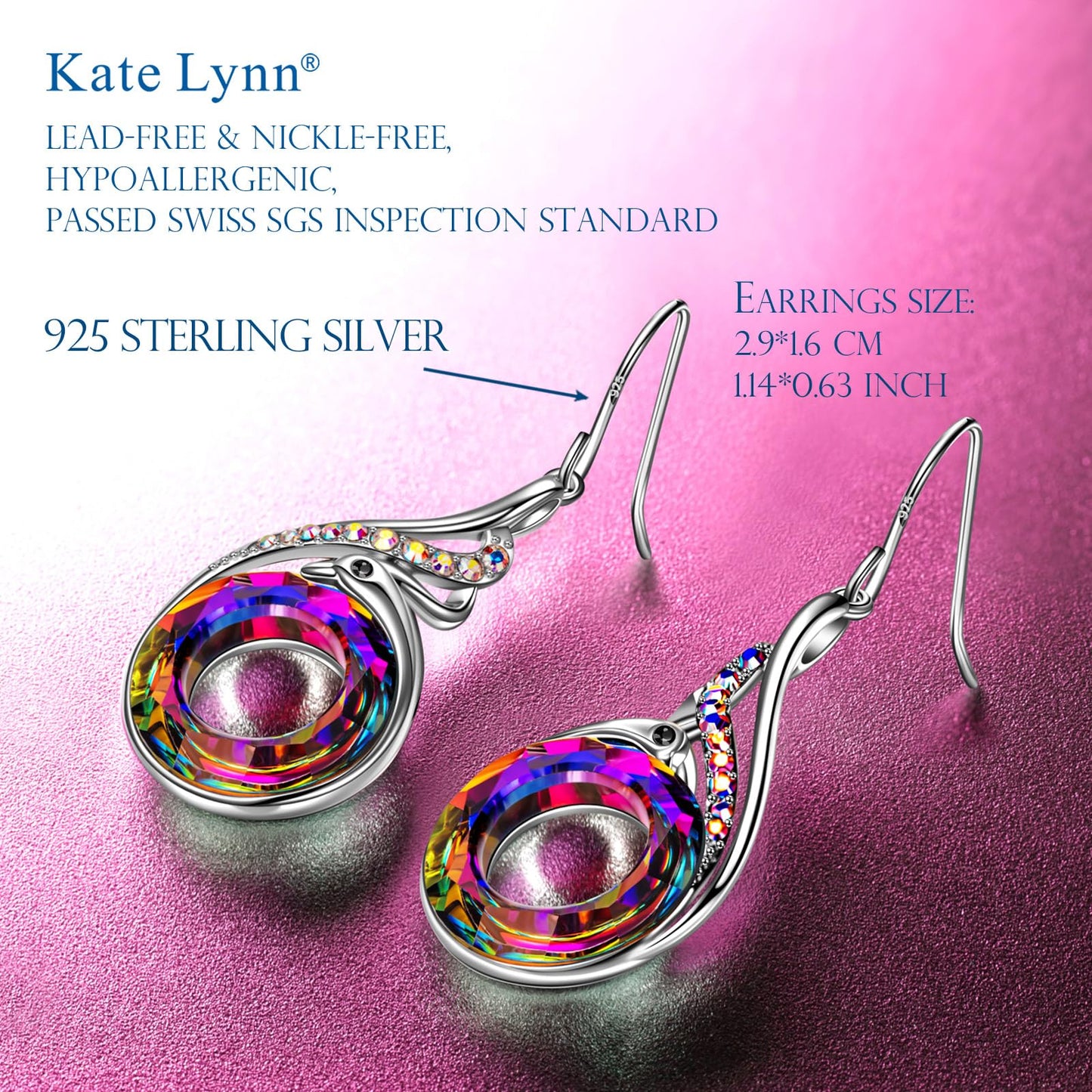 Kate Lynn "Rise From the Ashes" Phoenix Earrings, Sterling Silver Dangle Earrings with Crystals from Austria, Birthday Gift with Jewelry Box, Symbol of Luck and Renewal (Sterling Silver Volcano)