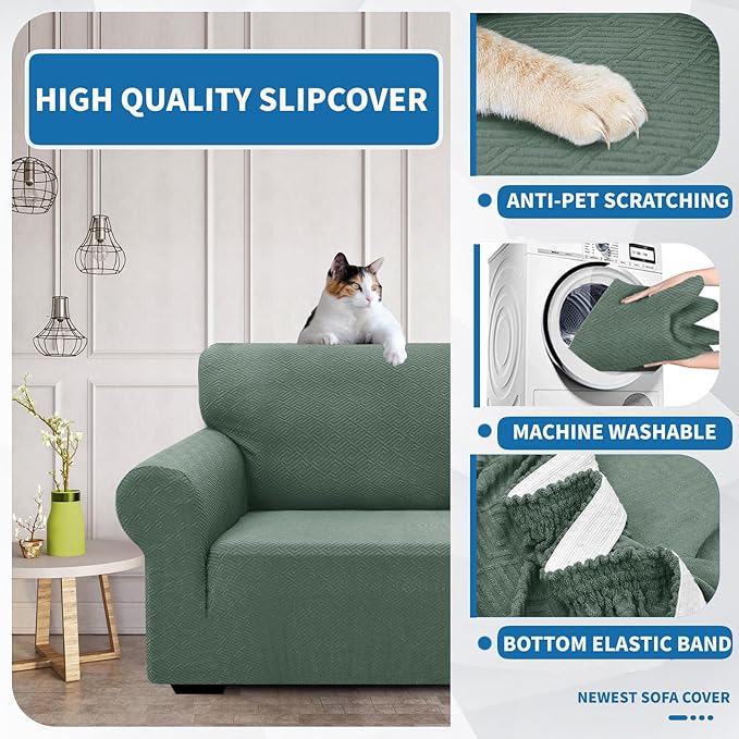 XINEAGE New Extra Large Couch Cover for 3 Cushion Couch (91"-110") 1 Piece Stretch Oversized Sofa Slipcovers Jacquard 4 Seater Furniture Protector Elastic Bottom for Kids,Pet (XL Sofa, Pea Green)