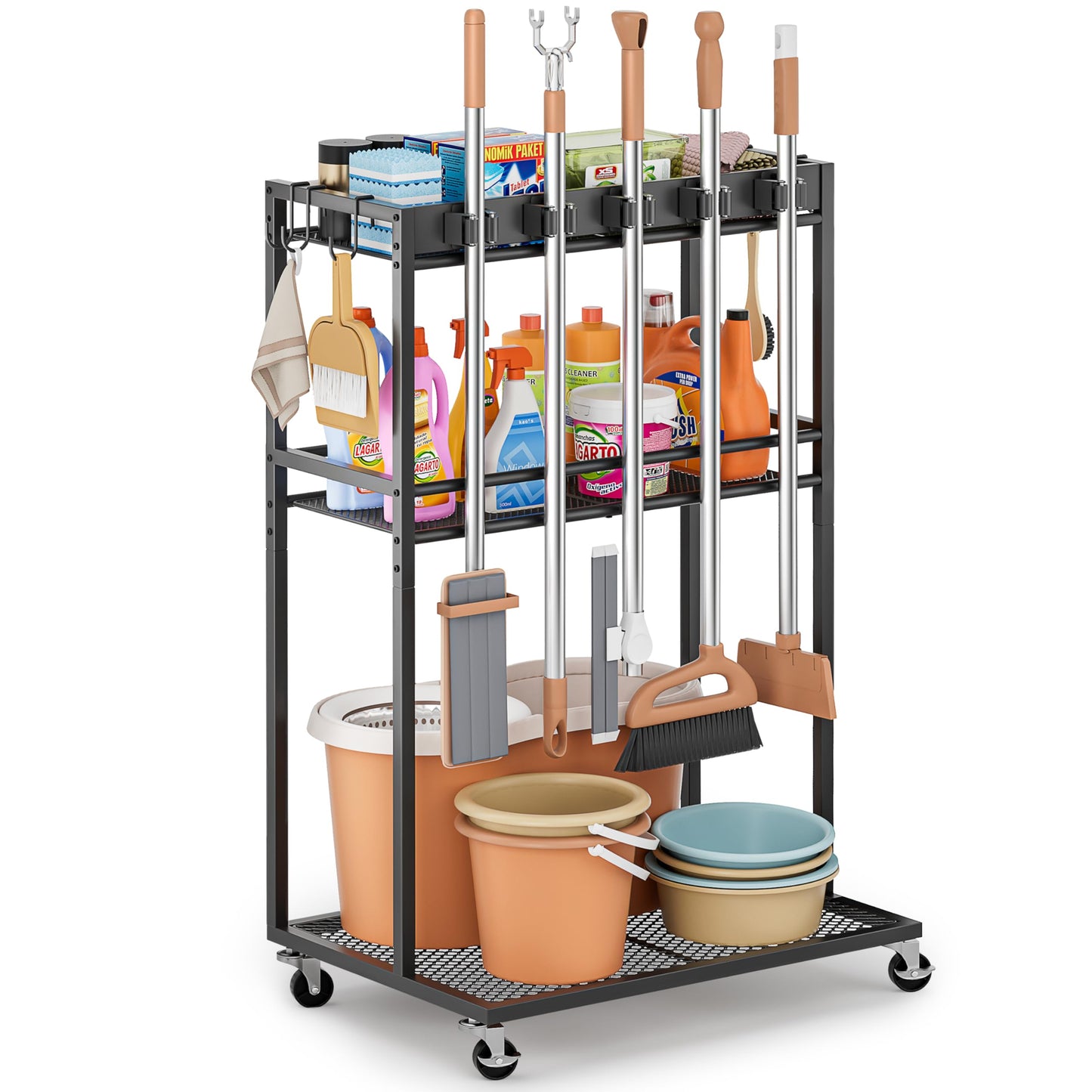 Broom Holder with Cleaning Supplies Organizer, Broom Closet Storage Cabinet with Mop Hanger Gripper Rack Hooks, Cleaning Housekeeping Janitorial Cart with Cleaning Caddy, Laundry Room Organization