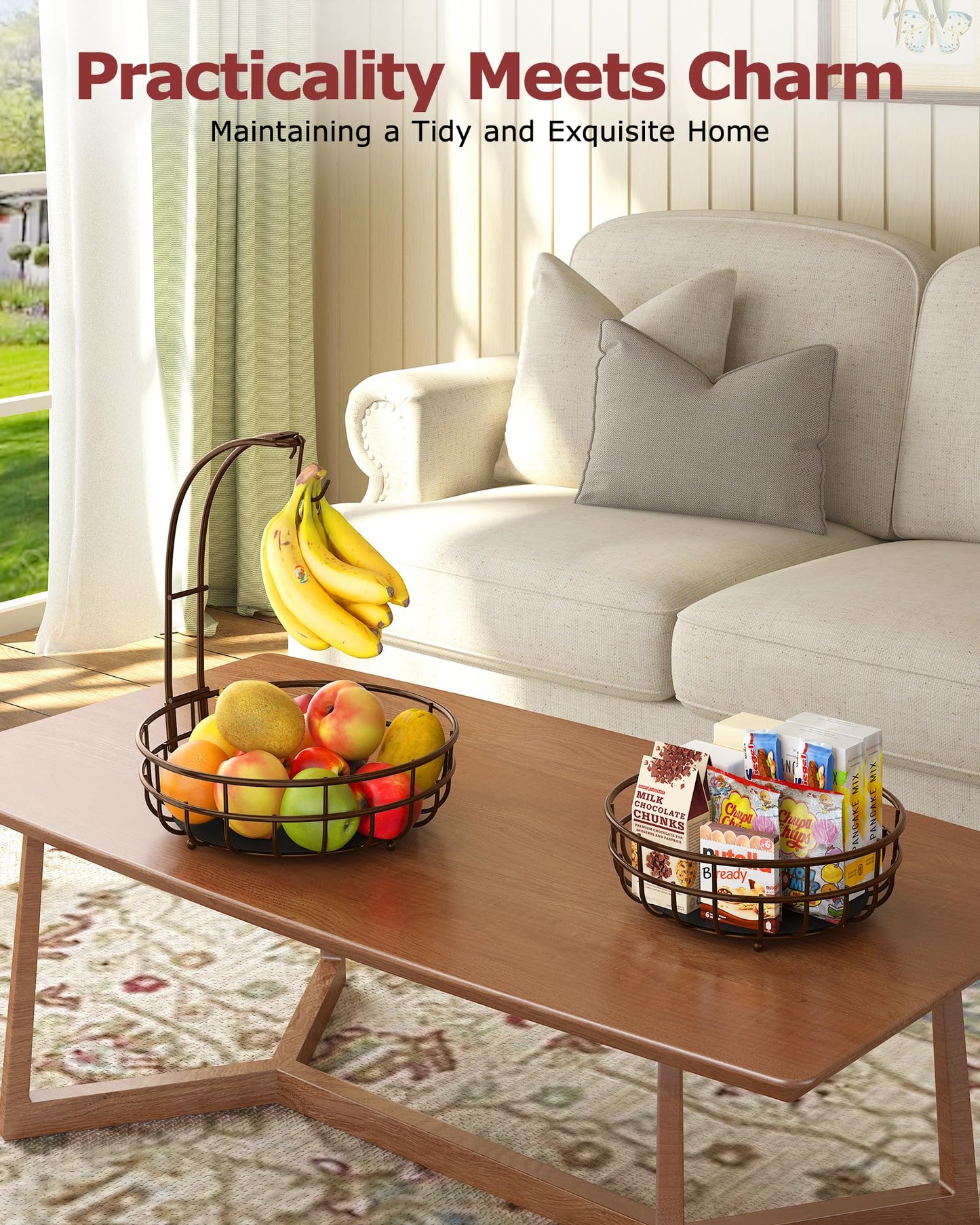 Sevenblue 2 Tier Large Fruit Basket for Kitchen Counter with Removable Banana Hanger - Sturdy Iron Fruit Bowl for Kitchen Counter and Vegetable Holder, Fruit Holder for Kitchen Countertop, Brown