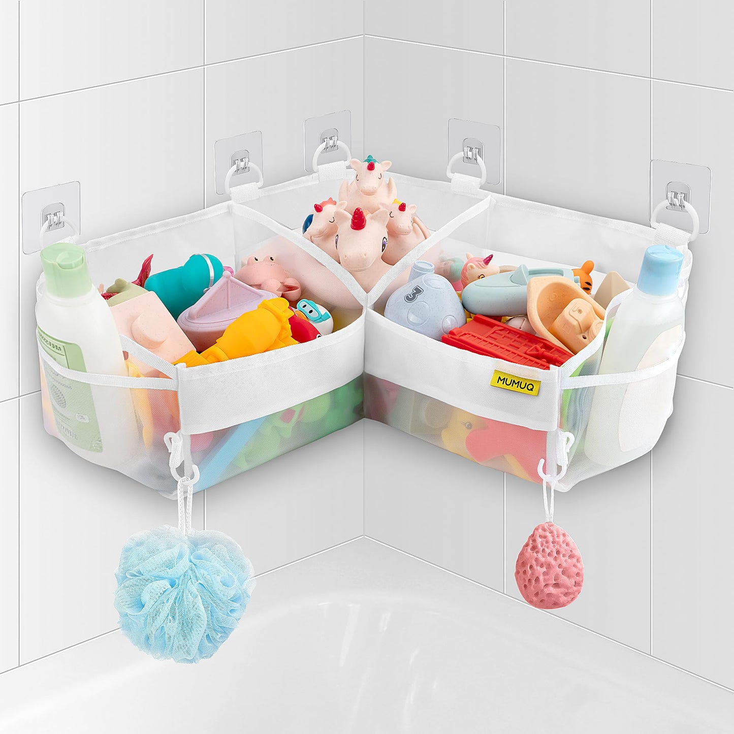 MUMUQ 3 Compartments Bath Toy Storage Corner Bath Toy Holder for Bathtub, Kids Tub Toys Organizer with Adhesive Hooks, Quick-Drying Machine-Washable Mesh Bathroom Organizer for Tidy Bathtub