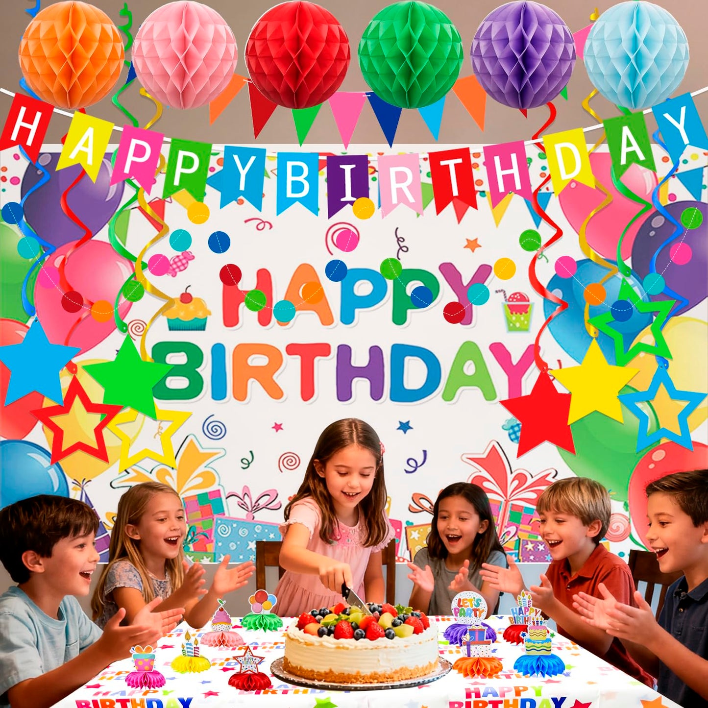 Happy Birthday Party Decorations Kit Includes Honeycomb Balls Star Hanging Swirls Backdrop Cloth Tablecloth Banners & Circle Garland Honeycomb Centerpieces for Party Supplies