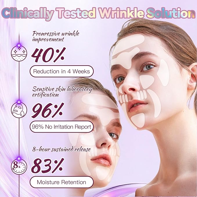 Facial Wrinkle Patches, 256 Pcs Overnight Silicone Forehead Wrinkle Patches, Anti-Aging Face Patches Remover to Fine Lines, Mouth, Frown Lines, Eyes, Smile Lines, Simple to Use And Highly Adhesive