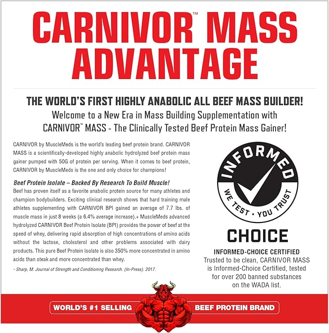 MuscleMeds Carnivor Mass Gainer Beef Protein Isolate Shake, 50 Grams Protein, 125 Grams Carbs, 0 Fat, 0 Sugar, Lactose Free, ChocolateFudge, 6 Pound