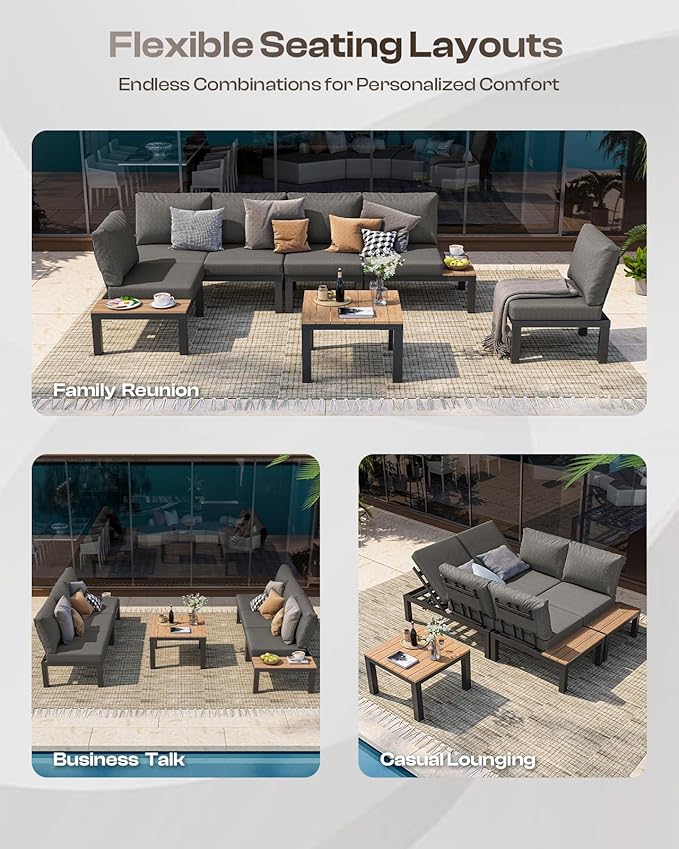 Aluminum Modular Outdoor Patio Furniture Set, 6 Seats Sectional Sofa Set with Adjustable Backrest & Thick Cushions, All-Weather L-Shaped Corner Set with Table for Garden & Yard, Graphite