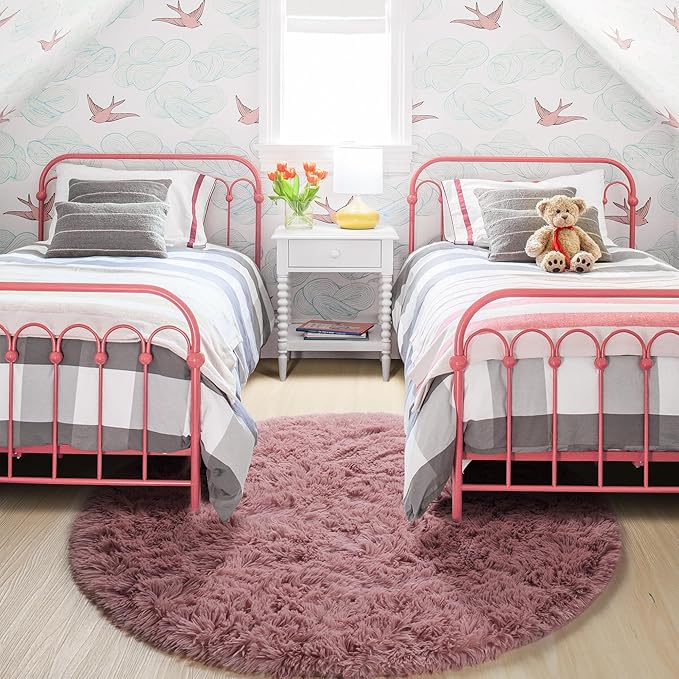 Blush Fluffy Round Rug 5Ft for Bedroom, Fuzzy Plush Circle Area Rugs for Baby Kids Room Decor Aesthetic, Shaggy Circular Carpet for Teen Girls Nursery Dorm Playroom, Cute Dusty Rose Mauve Rug