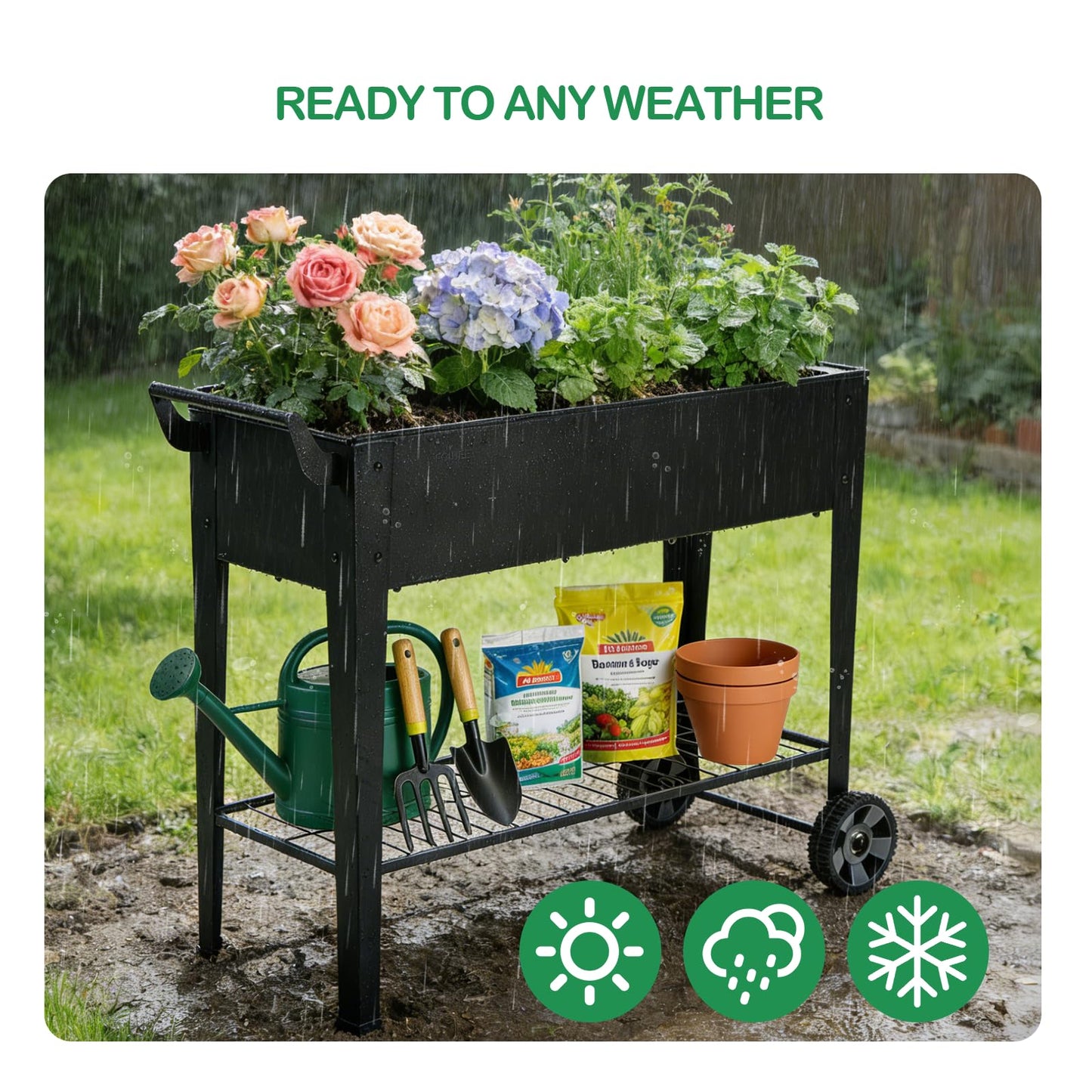 FOYUEE 2-Pack 32”Height Elevated Raised Garden Bed with Wheels & Storage Shelf, 400 Lbs Capacity, Anti-Rust, Space-Saving Planter for Vegetables, Herbs, Patio, Balcony, Backyard