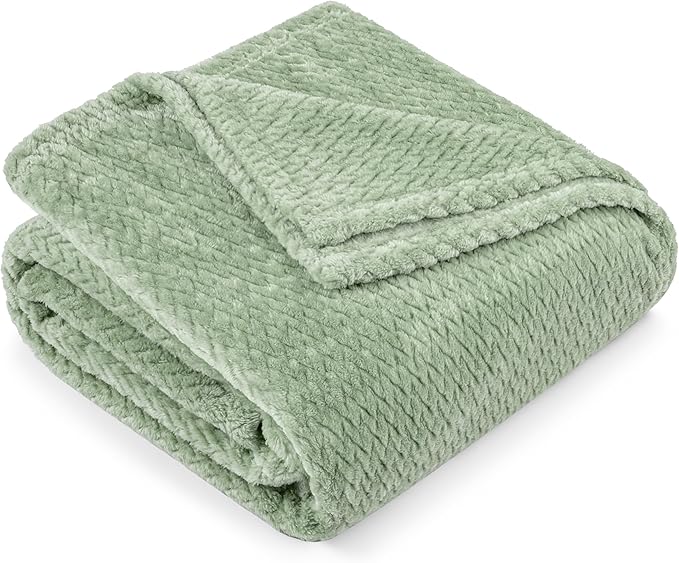 PAVILIA Soft Fleece Light Green Throw Blanket for Couch, Lightweight Plush Warm Blankets for Bed, Fuzzy Cozy Flannel Blanket Throw for Sofa, Travel, Jacquard Pattern, Sage Green, 50x60 inch
