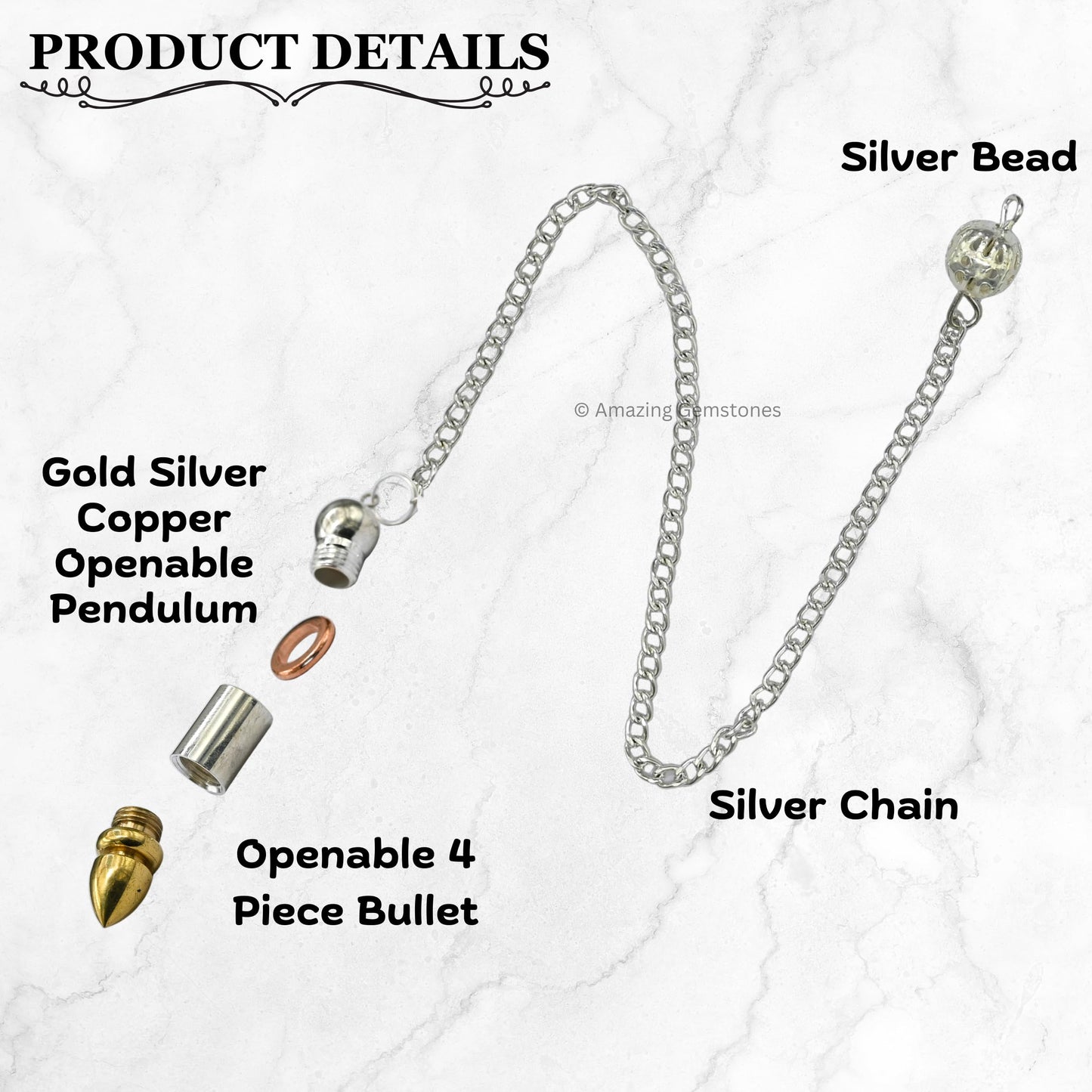 Amazing Gemstone Healing Metal Pendulums for Divination, Gold Silver Copper Openable 4 Piece Bullet Steel Copper Pendulum High Energy Pendulo de Bronce Pendulos de Mesa MP84