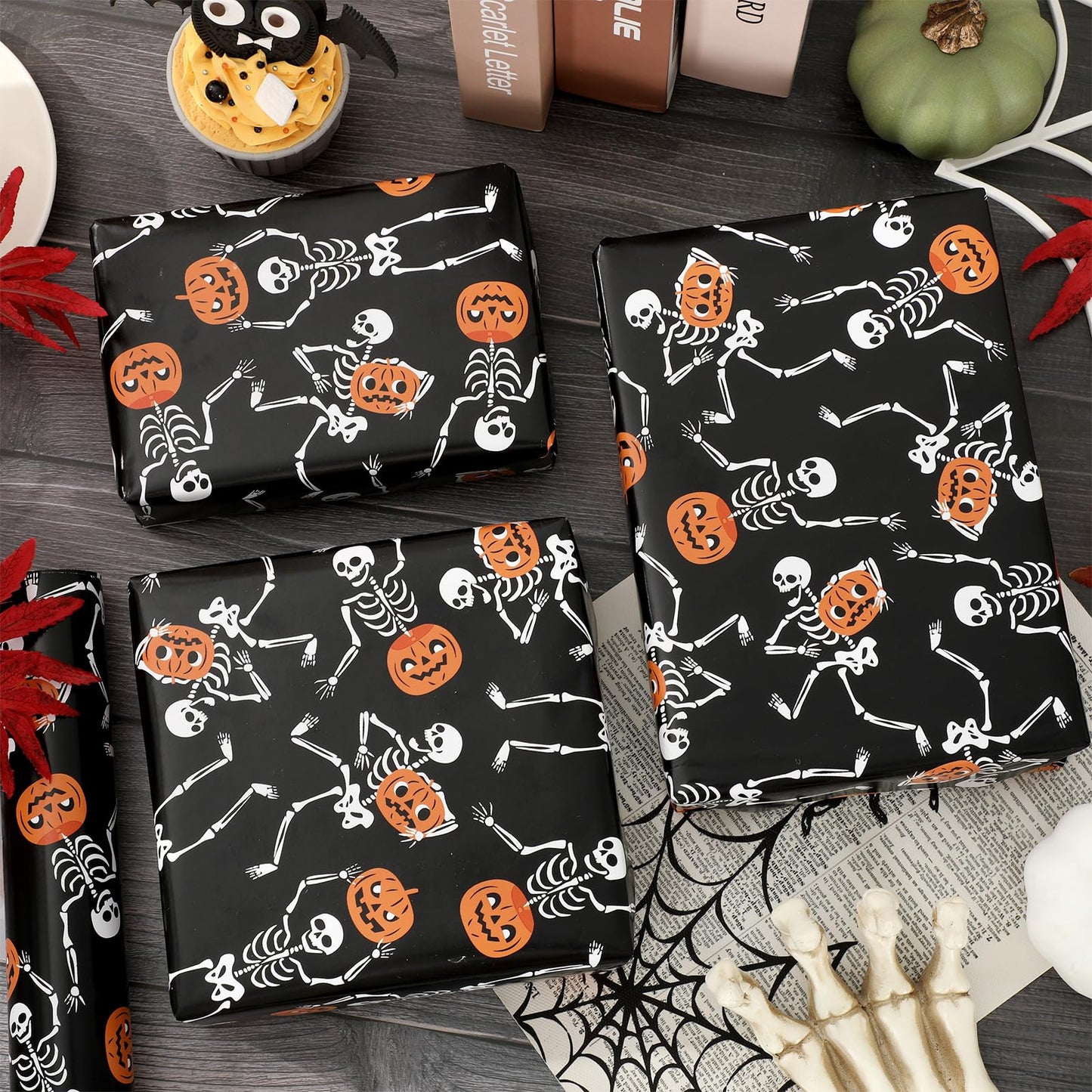 Whaline Halloween Wrapping Paper -Mini Roll- 17 Inch x 32.8Ft Black Dancing Skeleton Pumpkin Gift Wrap Paper Spooky Art Paper for Birthday DIY Crafts