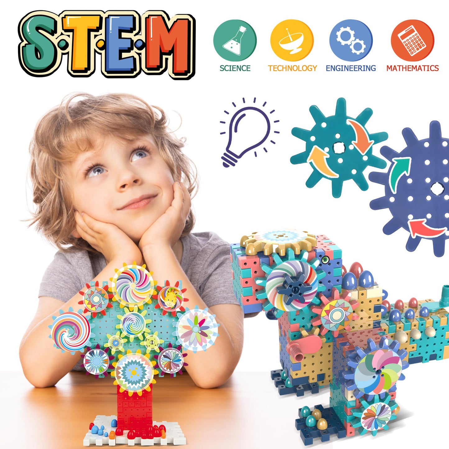 ROHSCE Gear Toys Interlocking Building Blocks, 150 Piece Educational Engineering Building Toys Set, Creative Construction STEM Kits for Boys Girls, Waffle Blocks for Kids Ages 3+