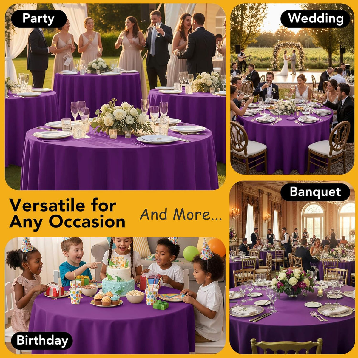 6-Pack Purple Round Tablecloths, 132 Inches, Stain-Resistant Polyester for 6-8 Ft Round Tables - Washable Table Covers for Weddings, Banquets, Birthday Parties, Events