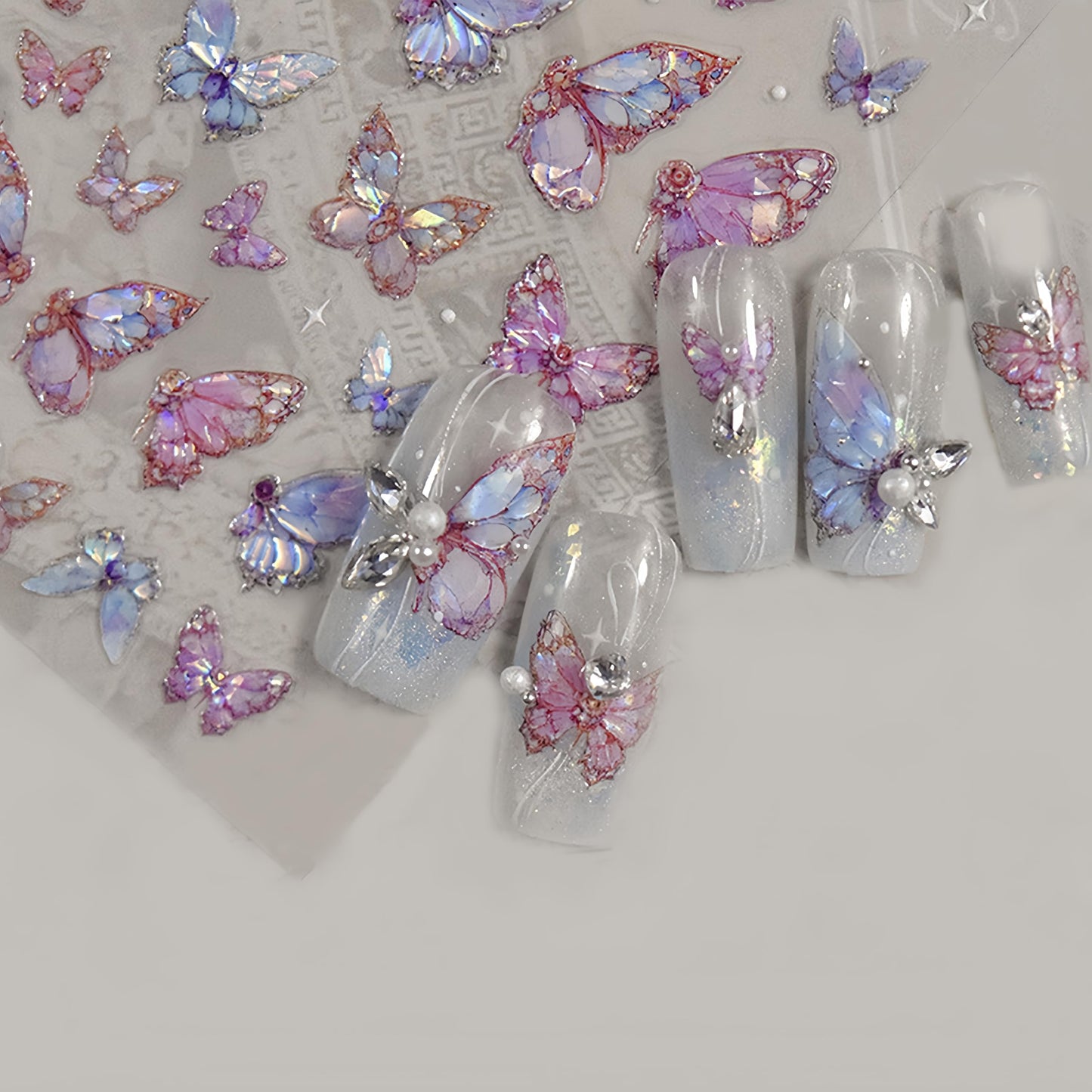 2 Sheets Butterfly Nail Art Stickers 5D Embossed Pink Butterfly Nail Decals Glitter Aurora Butterfly Nail Pattern Self-Adhesive Nail Art Stickers DIY Nail Decoration