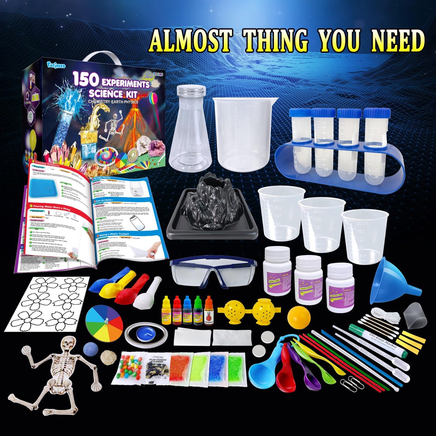 PATIFEED 150 Experiments Science Kit for Kids, Chemistry Set, Scientific Christmas Birthday Toys Gifts Ideas for Boys Girls, Break Geodes, Volcano,S.T.E.M Learning Projects