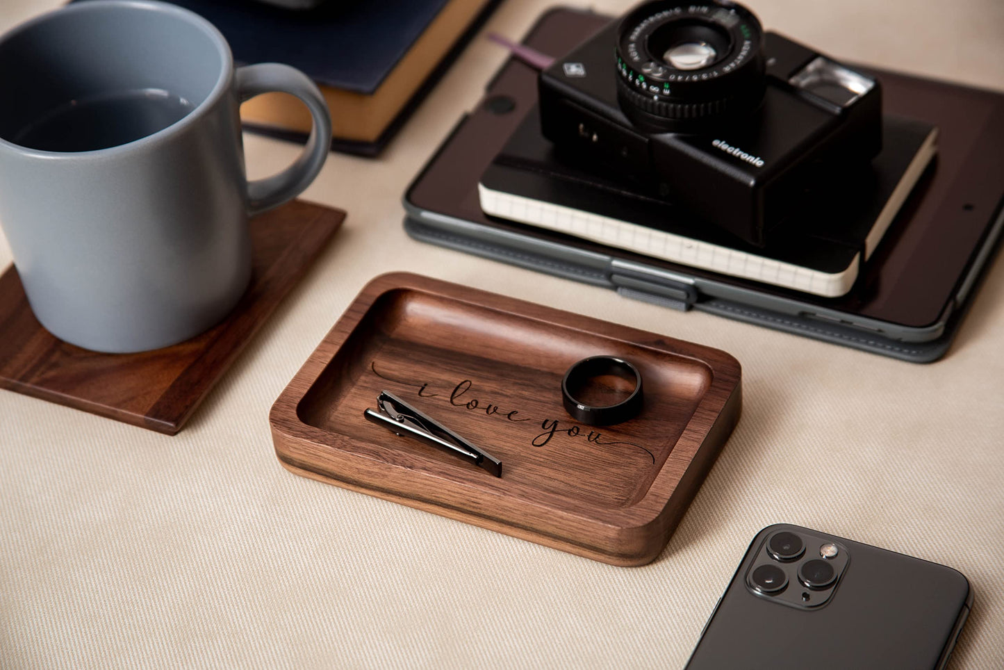 MUUJEE I love you Ring Dish - Engraved Rectangle Wood Tray Small Jewelry Dish 5 Year Wedding Anniv Gifts Ideas - 5.5" x 3.5" (I Love You)