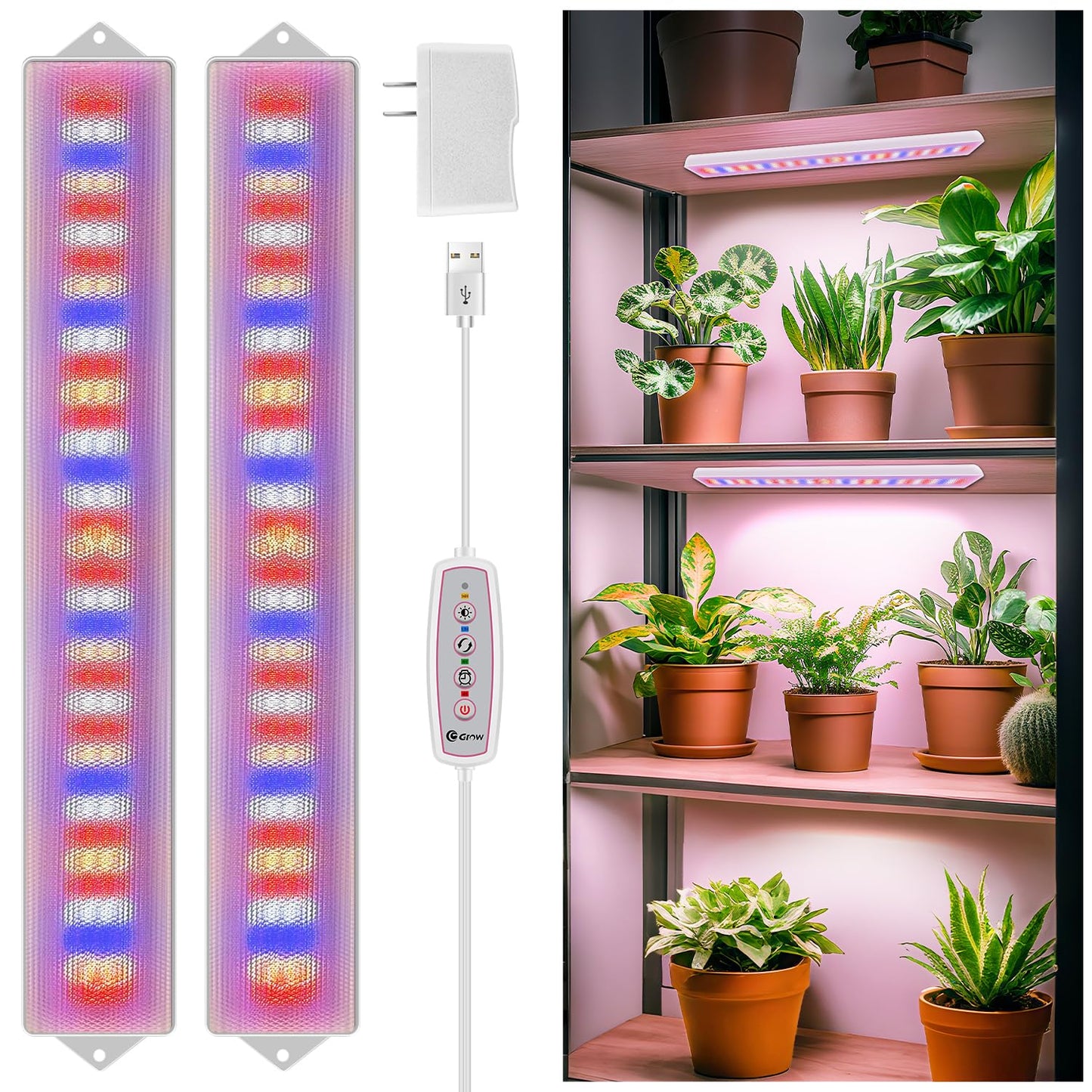 Eurbolan LED Grow Light Strip, 20W Full Spectrum Plant Lights With Red Blue White LEDs, 210 LEDs Grow Light Strips for Indoor Plants with 4/8/12/16H Auto Timer,3 Switch Modes, 5 Dimming Levels,2 Pack.