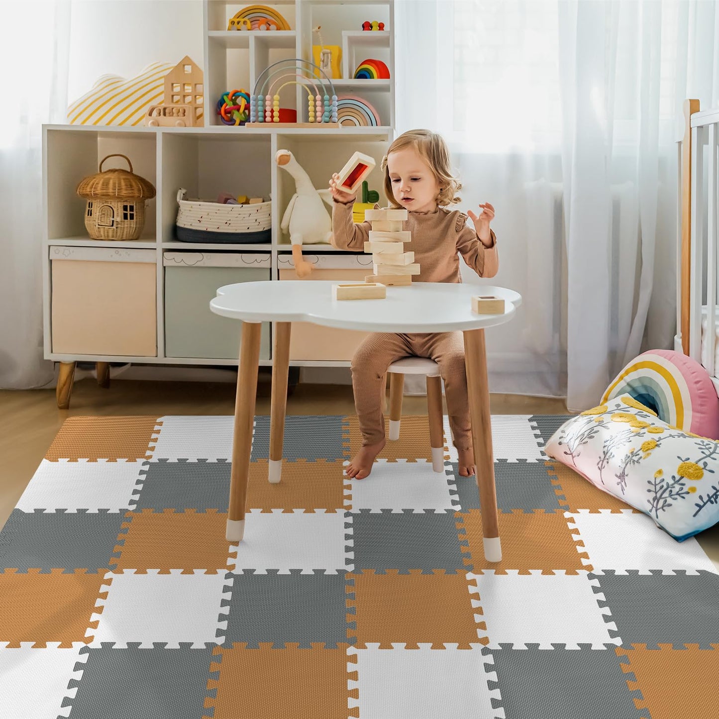 36Pcs Baby Play Mat for Floor, Foam Floor Tiles for Kids with Interlocking, Squares Foam Puzzle Carpet for Playroom,Crawling Rug for Babies 6-12 Months,Toddlers,11.8*11.8*0.6In Each,Grey White Brown