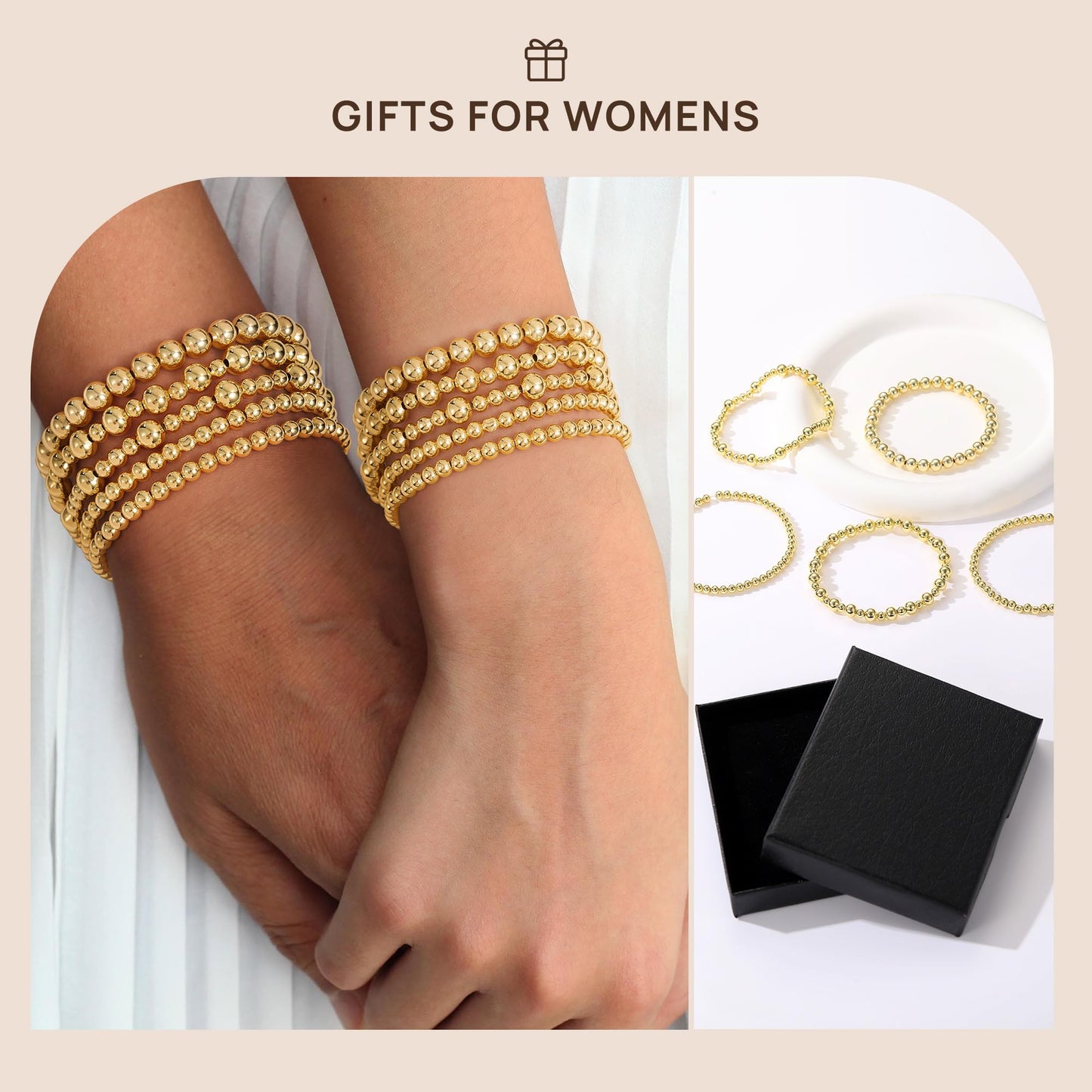 Yoosteel Gold Beaded Bracelets Set for Women - 14k Gold Plated Dainty Round Beaded Pearl Bracelet for Women Simplicity Stackable Jewelry Gifts（5 Pcs）