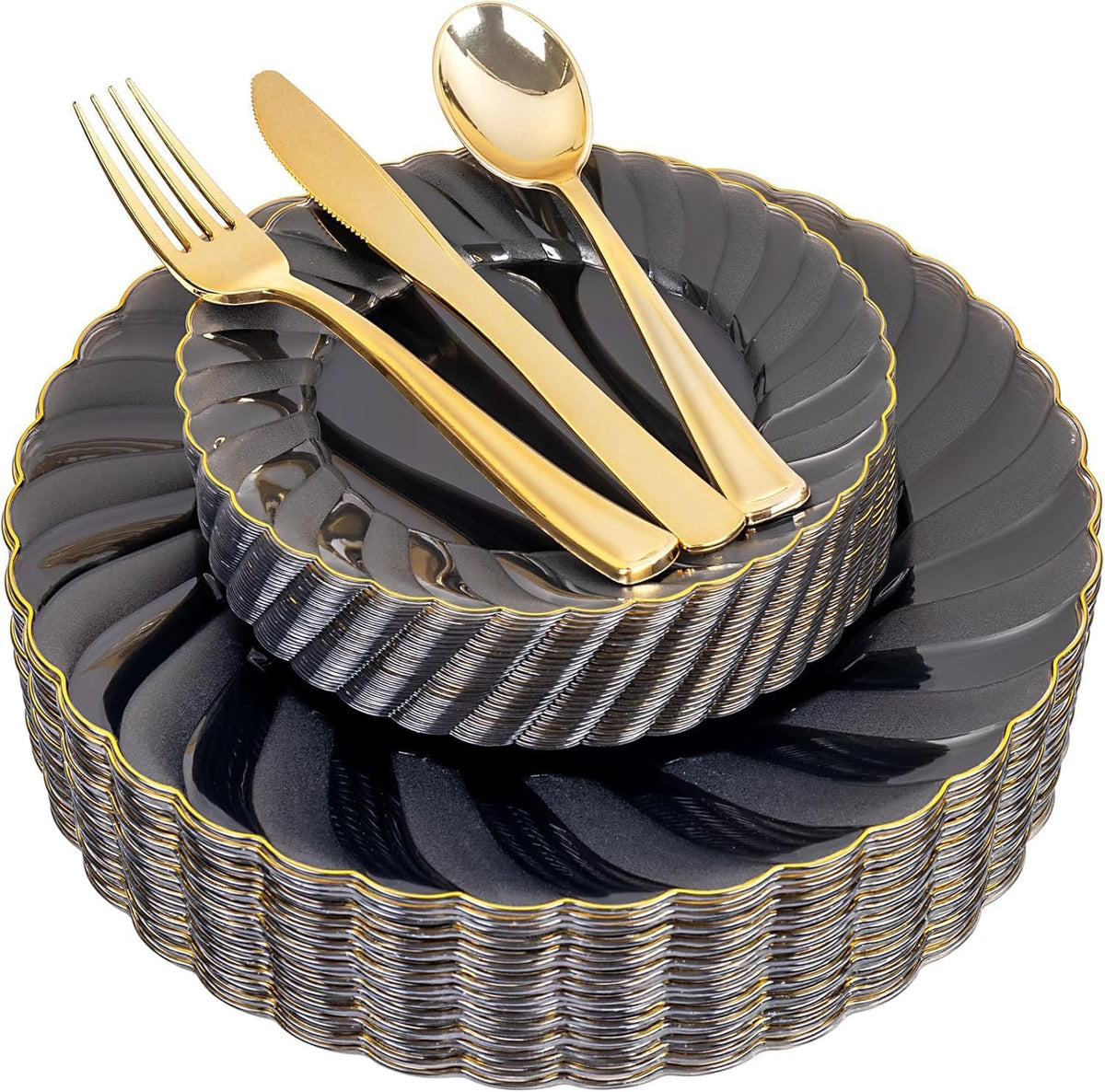 YOUBET 125PCS Clear Black Plastic Plates - Black and Gold Disposable Plates Include 50 Plate, 75 Silverware for Wedding & Party & Birthday