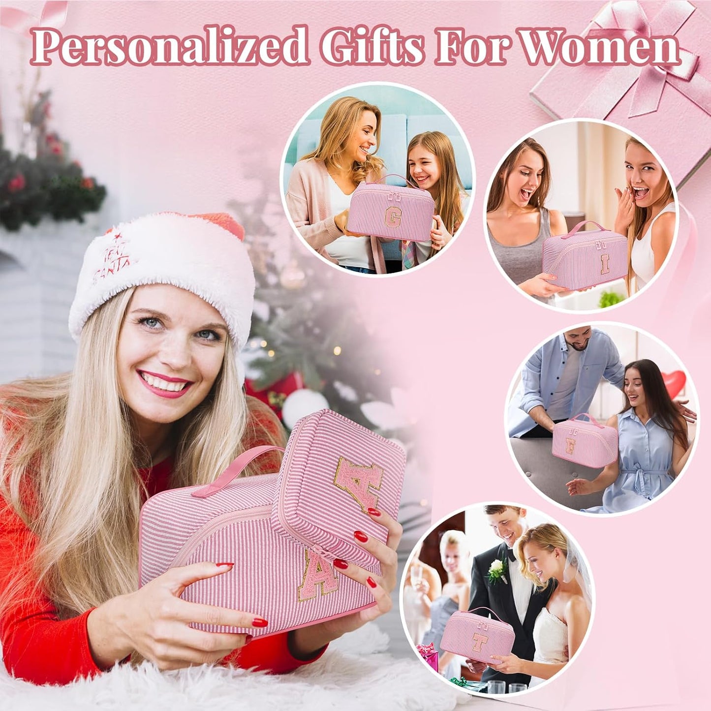 Travel Makeup Bag for Women, 2Pcs Portable Personalized Initial Makeup Organizer Bag, Open Flat Large Cosmetic Bag With Travel Essential Pouch (Pink Letter Z)