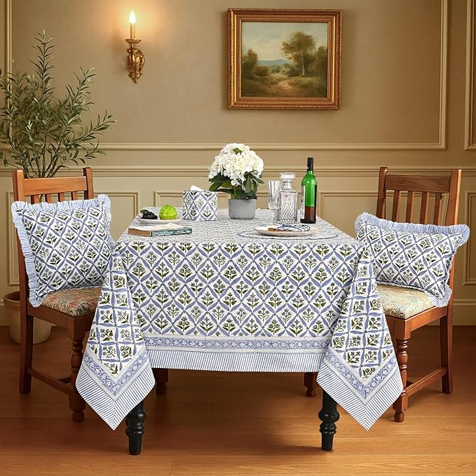 Ridhi Hand Block Print Light Steel Blue Rectangle Cotton Tablecloth 118" x 70" Reusable Table Cover Decorative Everyday Use for Dining, Farmhouse, Home Gift for Spring, Easter, Valentine