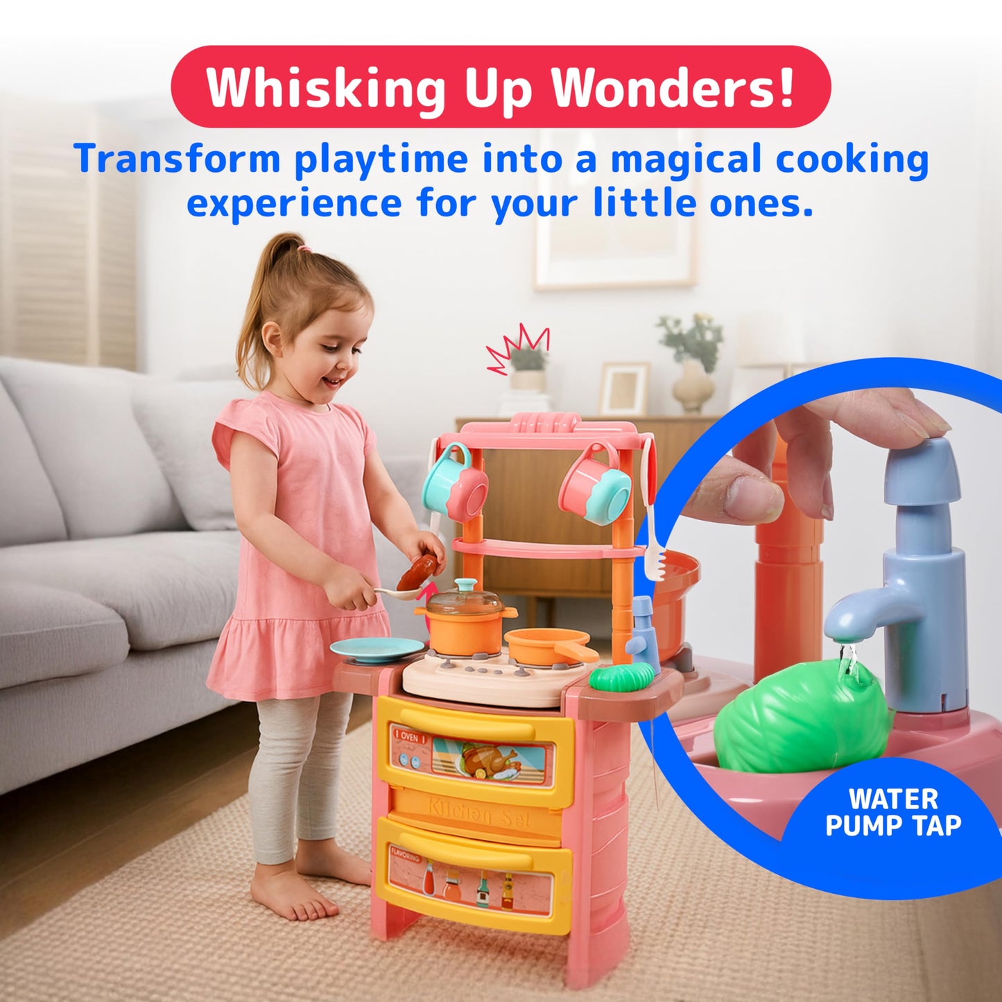 Prextex Plastic Pretend Girls Play Kitchen Set - Multi-Color Kitchen Playset with Dishwasher and Oven - Stove with Lights and Sounds - Working Faucet with Water Circulation
