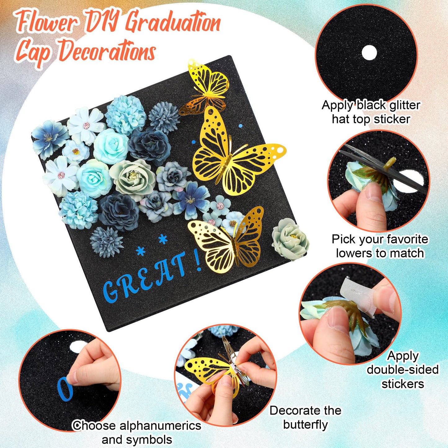 Gilprop 4 Sets 104 Pcs Graduation Cap Decorations Kits, Includes Faux Flower Heads 3D Butterfly Stickers Self Adhesive Glitter Alphabet Letter Number Stickers for Grad Hat Topper DIY