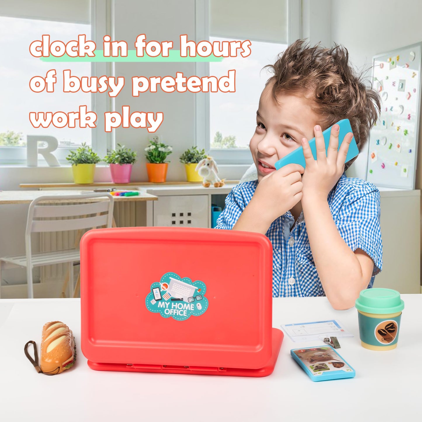 Pretend Play Home Office Set for Kids Ages 3-7, Includes Toy Kids Laptop,Cell Phone,Hamburg Harmonica,Headset & Toddlers Beverage Cup-Pretend Work Simulation Play