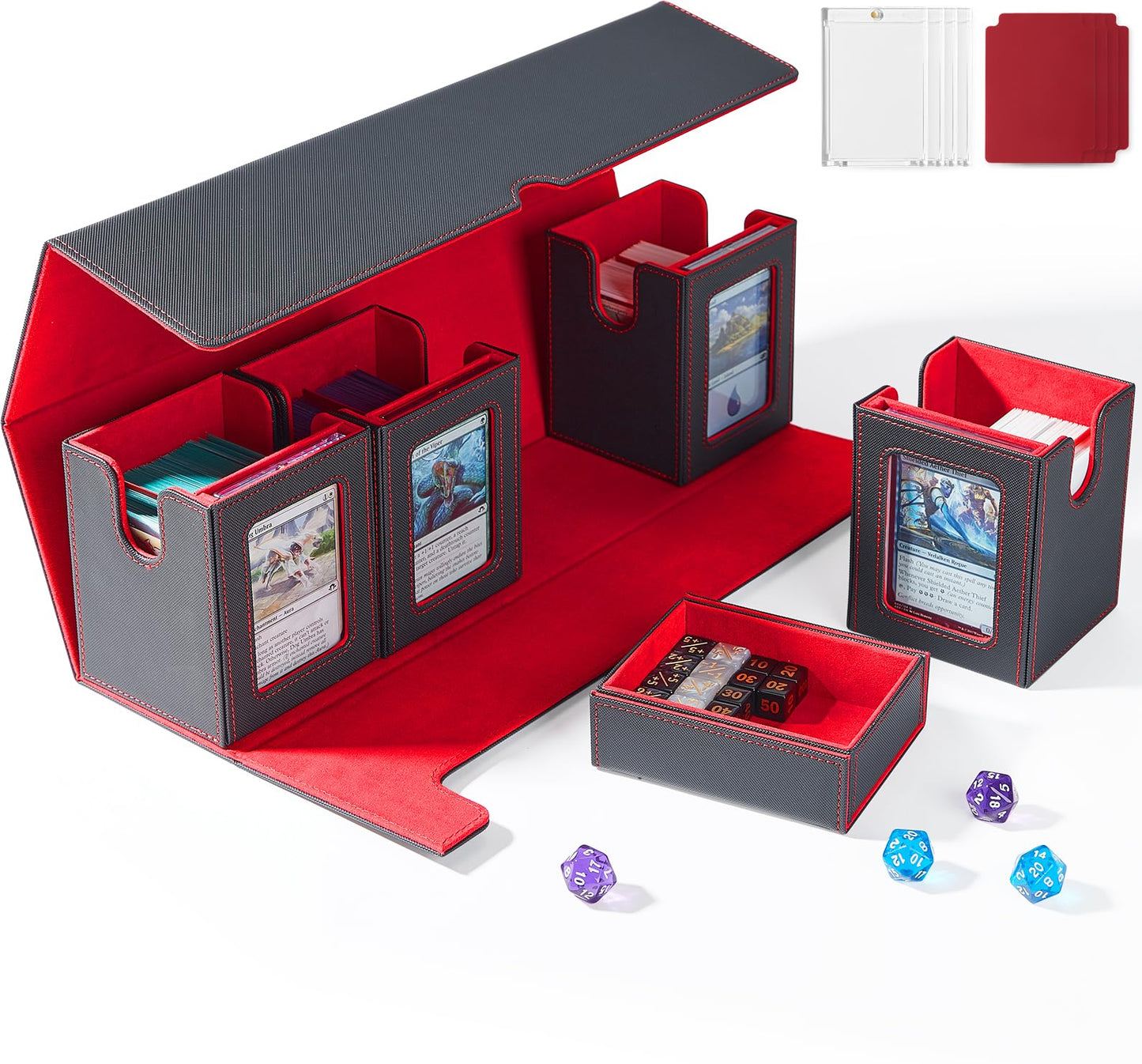 UAONO Card Deck Box for MTG with Commander Display, 5 in 1 Card Deck Case Holds 800+ Unsleeved Cards, Strong Magnet Organizer Compatible with Yugioh TCG Sports Cards (Black&Red)