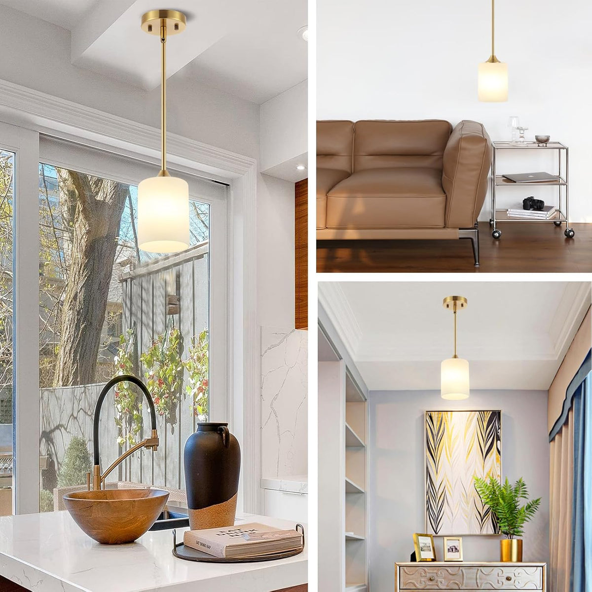 Modern Gold Pendant Light Brushed Brass Mid Century Chandelier White Cylinder Glass Shades Adjustable Rods Farmhouse Ceiling Hanging Lighting Fixture Kitchen Island Dining Room Bedroom