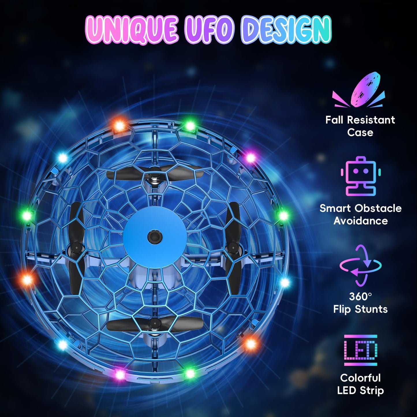 PYMSRTY Flying Toy Drone for Kids，360° Hands Free Motion Sensors Mini Drone with Cool LED Lights,Easy Indoor Small UFO Toy Flying Ball Drone for Kids -Blue