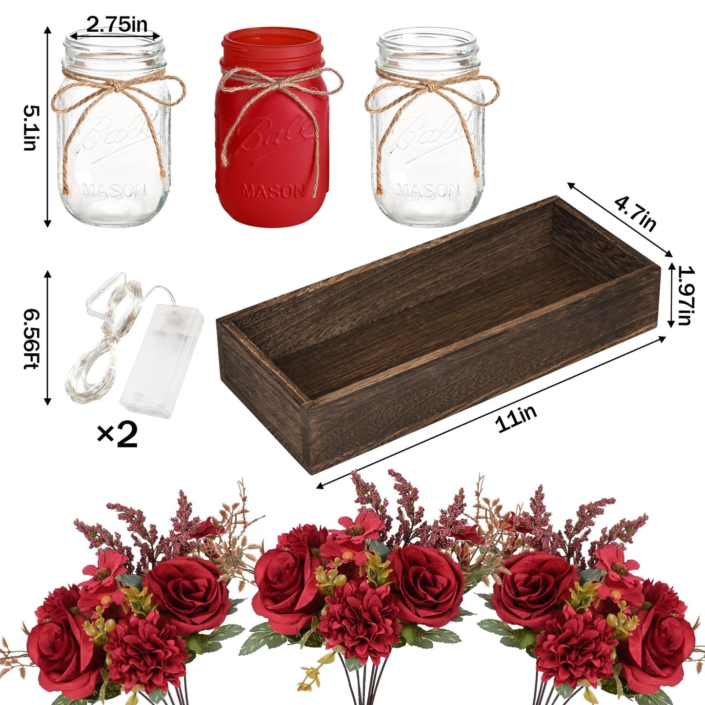 BLEUM CADE Centerpiece Table Decorations - Mason Jar Lights Centerpiece for Kitchen Dining Table Farmhouse Coffee Table Wedding Home Decor with 3 Jars Artificial Flowers & Wood Tray