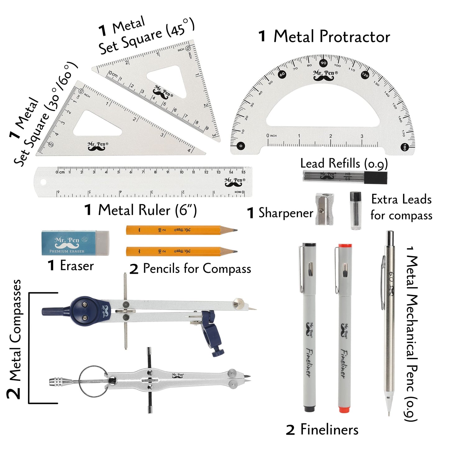 Mr. Pen- Professional Geometry Set, 15 pcs, Drafting Tools with Protractor, Compass, Metal Ruler, Triangles, Pens & Pencils, Complete Geometry & Drafting Kit for Architects, Engineers & Students