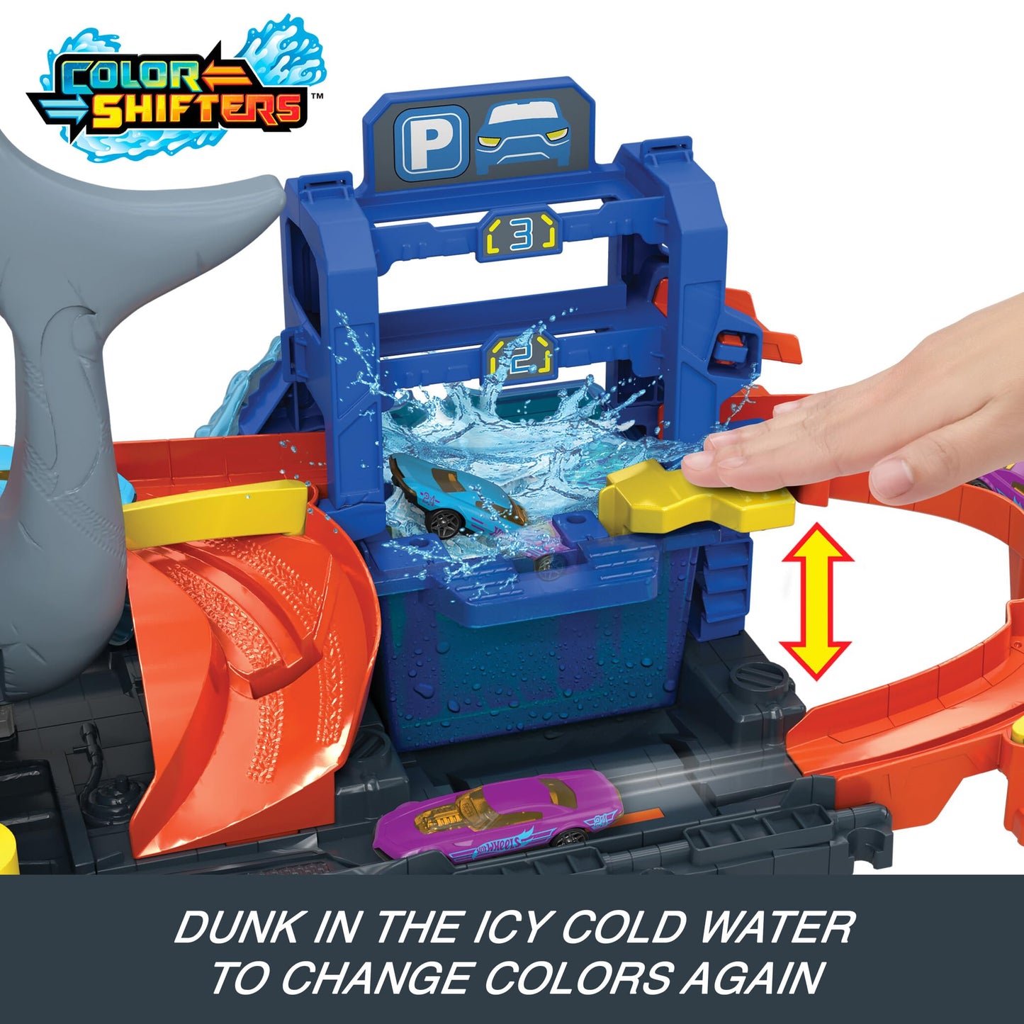 Hot Wheels City Track Set, Ultra Shark Car Wash with 1:64 Scale Color Reveal Toy Vehicle, Repeat Color-Change Feature, Storage