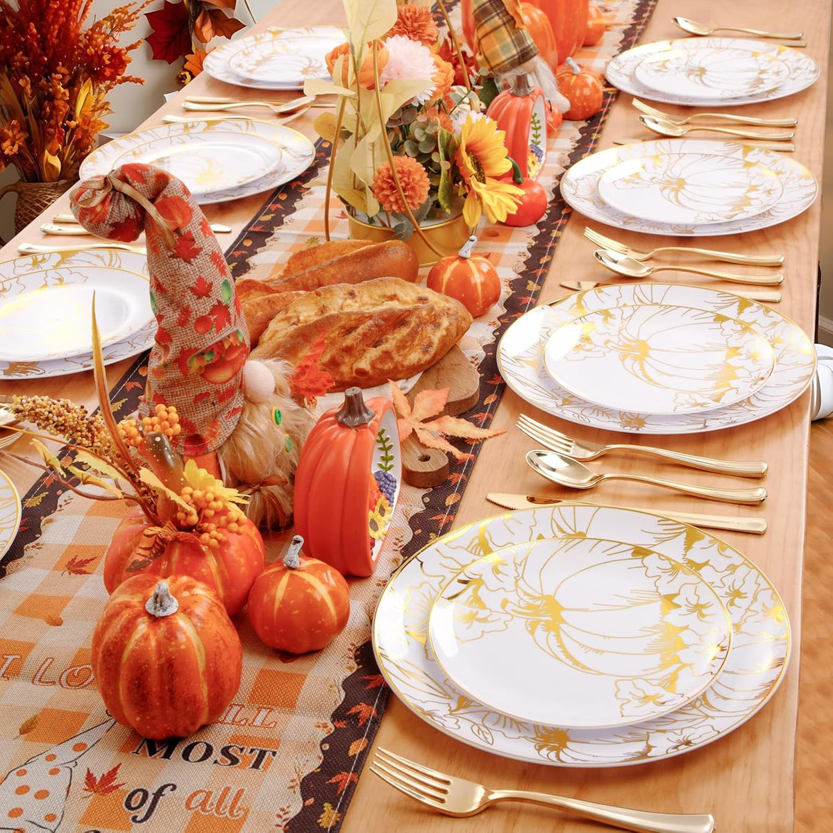 FLOWERCAT 60PCS Thanksgiving Plates & Gold Pumpkin Plates - Including 30PCS 10.25inch Thanksgiving Dinner Plates and 30PCS 7.5inch Thanksgiving Dessert Plates for Giving Thanks Theme Party