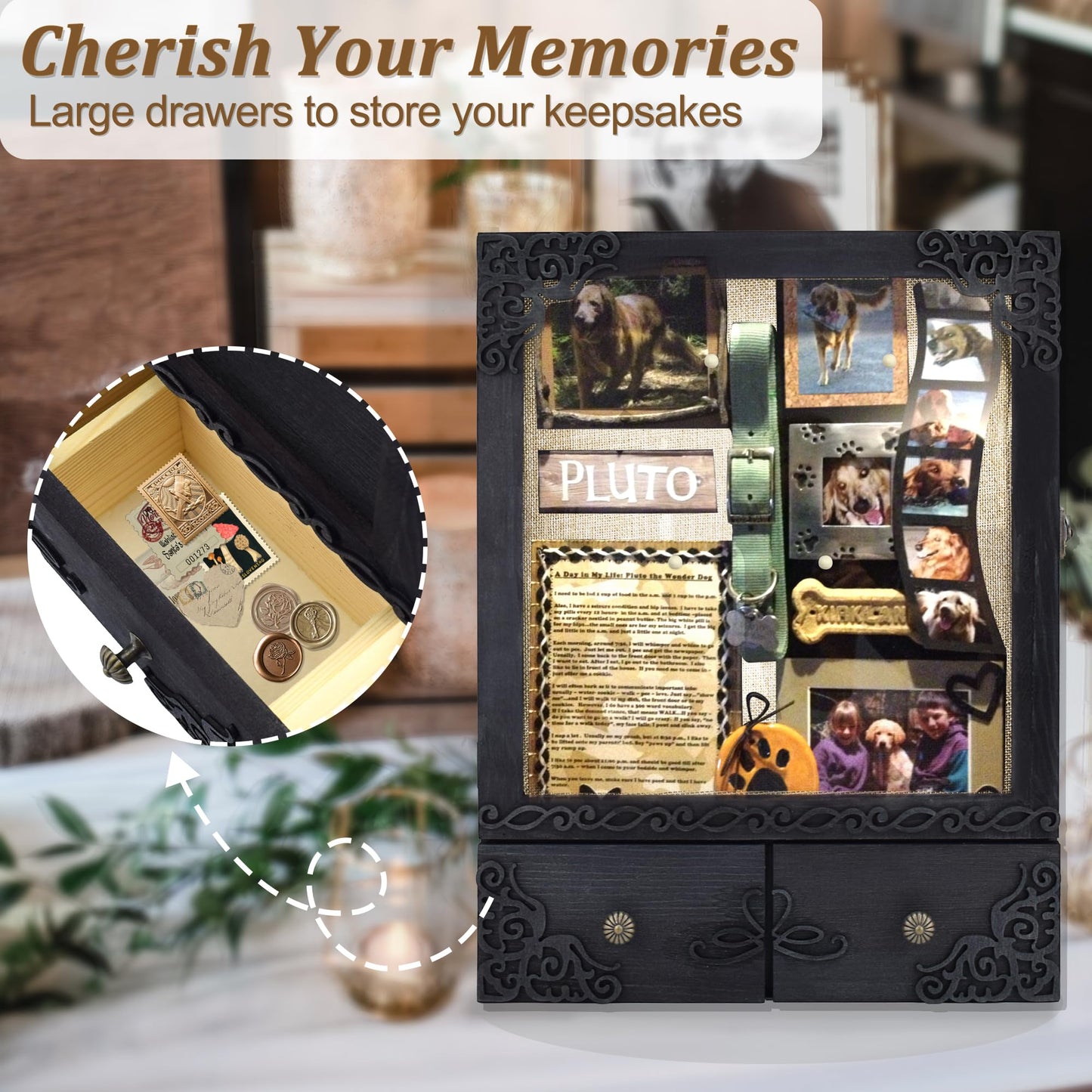 KWYADLUO 11x16 Shadow Box Frame with Light, Memorial Display Case with Shelves, Drawer and Slot for Keepsakes, Deep Memorial Shadow Box for Pet Memorial, Dog Keepsakes and Flowers, Black