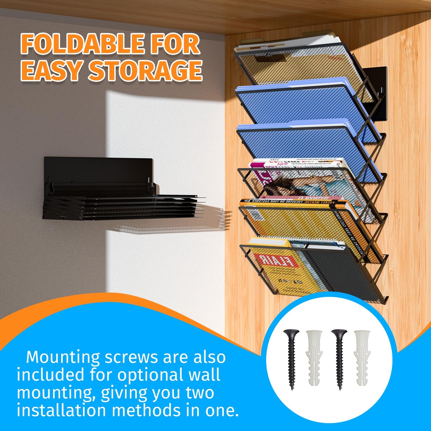Mogbhw Magnetic File Holder, 6-Tier Foldable No Drilling Magnetic File Folder Holder, Space-Saving Black Magnetic Hanging File Organizer for Whiteboard, File Cabinets, Refrigerator, Office, Kitchen