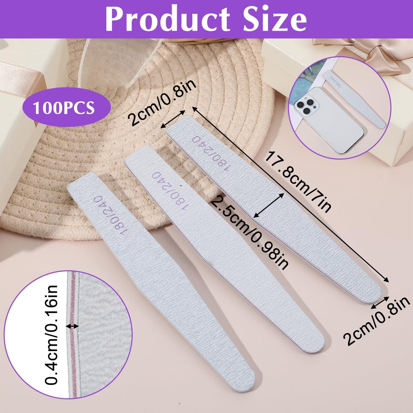 100 Pcs Nail File Set, Emery Board Nail Files for Natural Nails 180/240 Grit Nails Double Sided File Shaping Fingernail Filers Manicure Tools, Reusable