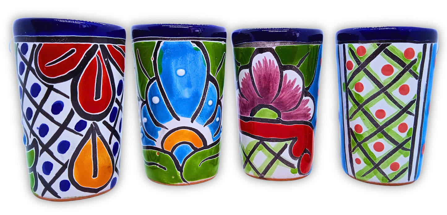MEXTEQUIL - Talavera Shot Glasses Set of 4 Authentic Mexican Tequila Shot Glasses - Hand-painted - 2 Oz (Blue with Green)