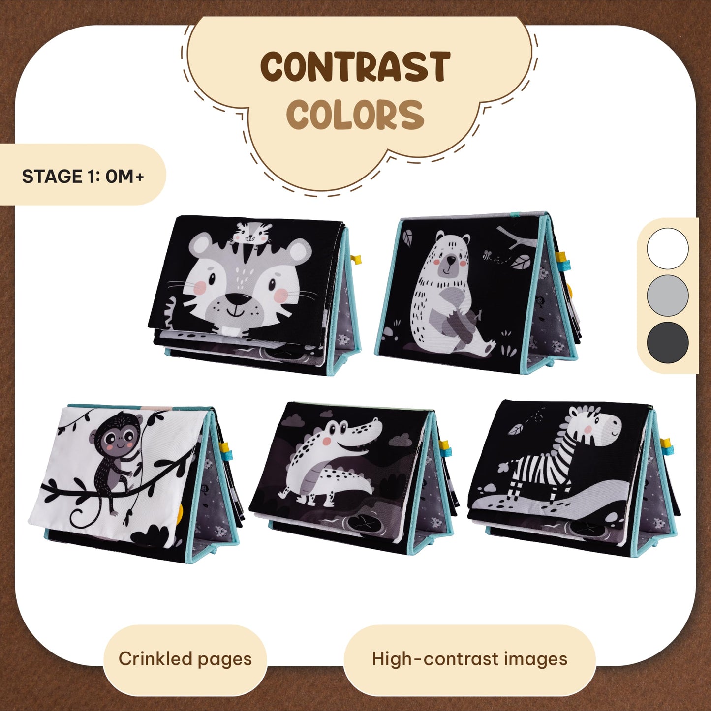 TINITIGIES Tummy Time Mirror for Babies - High Contrast Baby Mirror Book with Silicone Teether & Crinkle Pages - Tummy Time Toys for Babies 0 3 6 9 Months